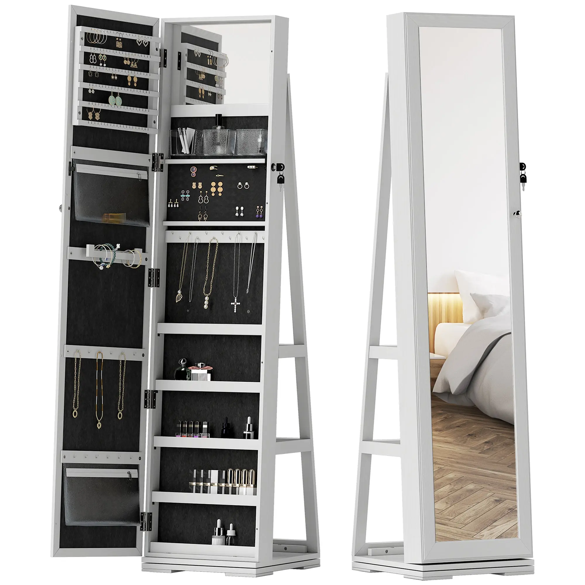 Armoire à Bijoux pivotante verrouillable boîte à bijoux avec Miroir - Armoire Bijoux Multi-Rangement - en Bois Blanc