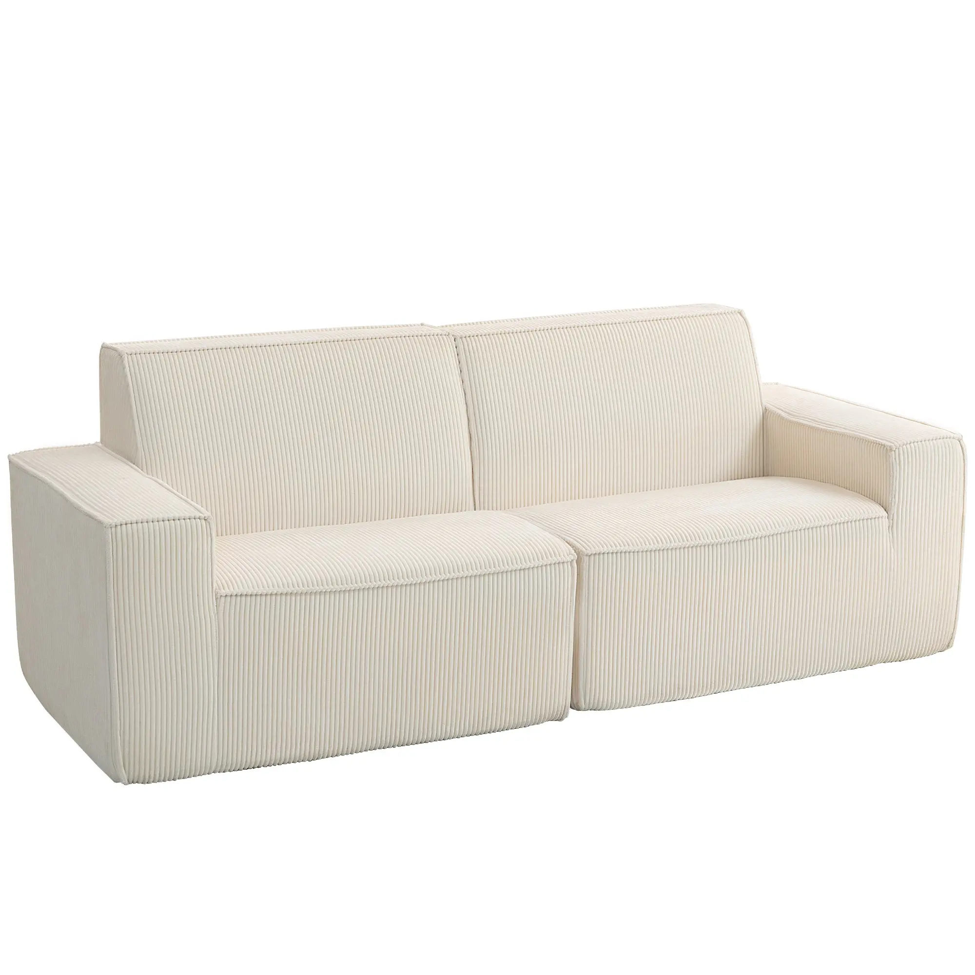 Canapé 3 places en velours côtelé 230 cm, canapé moderne avec assise et accoudoirs rembourrées, entièrement compressé pas de montage nécessaire, pour salon, chambre, bureau, beige