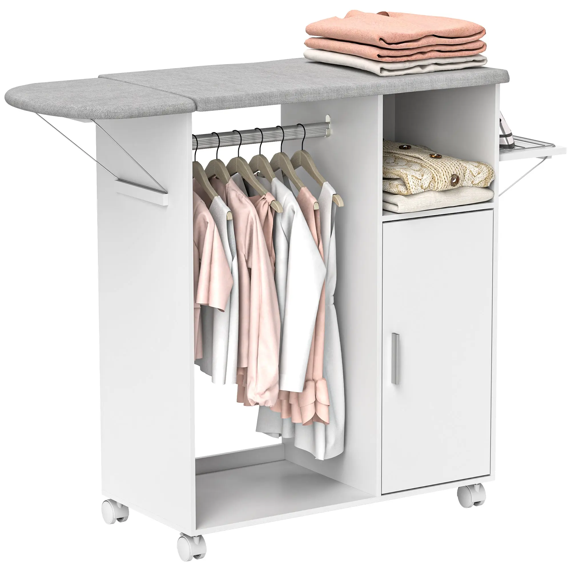 Meuble à repasser sur roulettes, table à repasser pliante, placard à porte, étagère réglable, barre de suspension, compartiment ouvert et support latéral, 127 x 42,5 x 99 cm, blanc