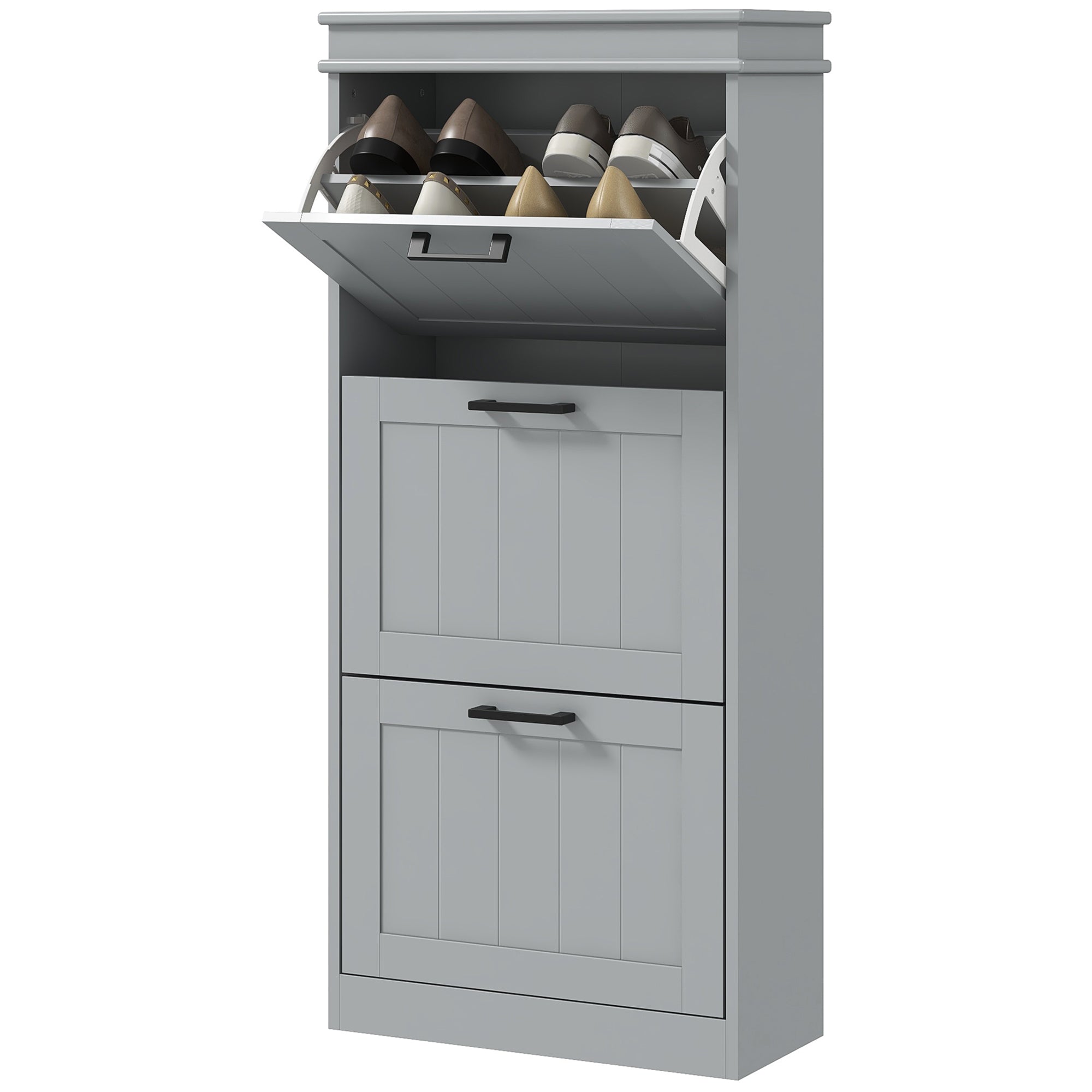 Meuble à chaussures 15 paires, armoire à chaussures étroite moderne avec 3 tiroirs rabattables et étagères réglables, pour couloir et entrée, 54 x 24 x 117,5 cm, gris