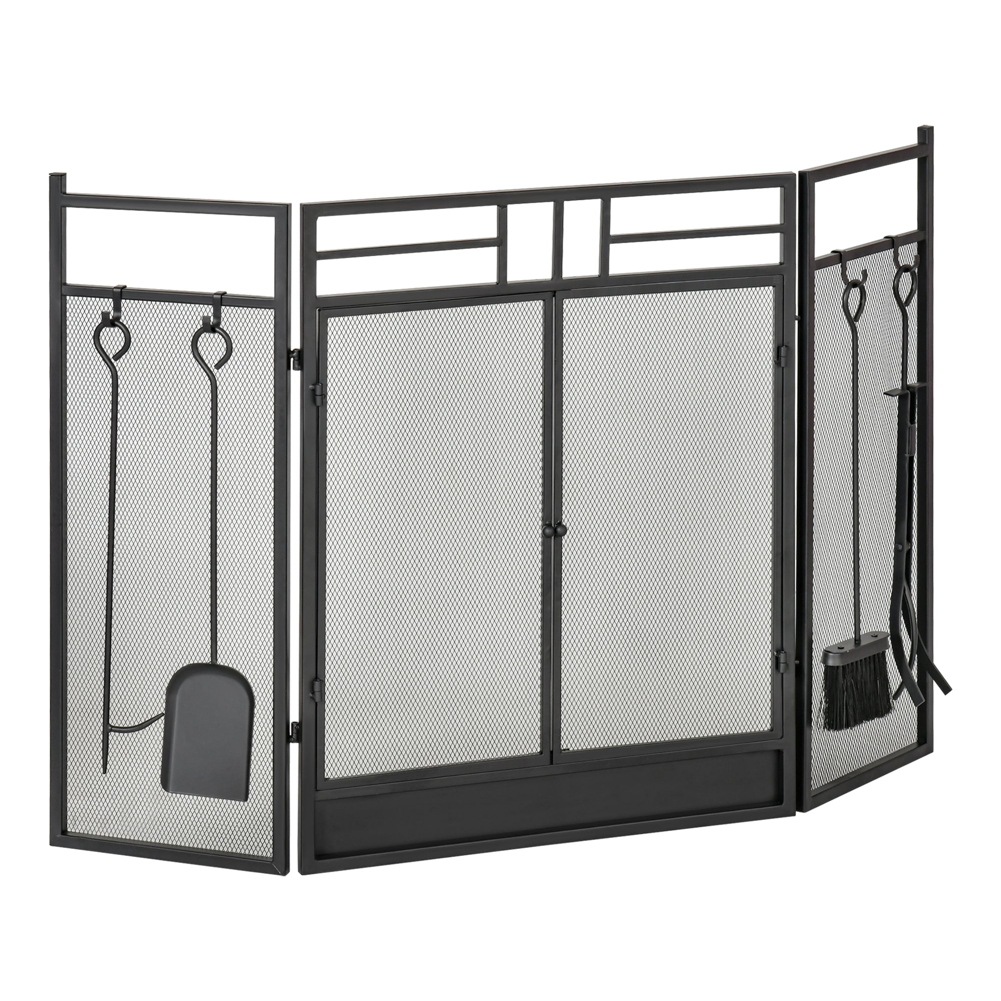 Pare-feu Large pour cheminée ou poêle - Pare-étincelles serviteur de cheminée 2 en 1 avec Accessoires - 3 Volets Pliables et Porte - Acier métal Noir