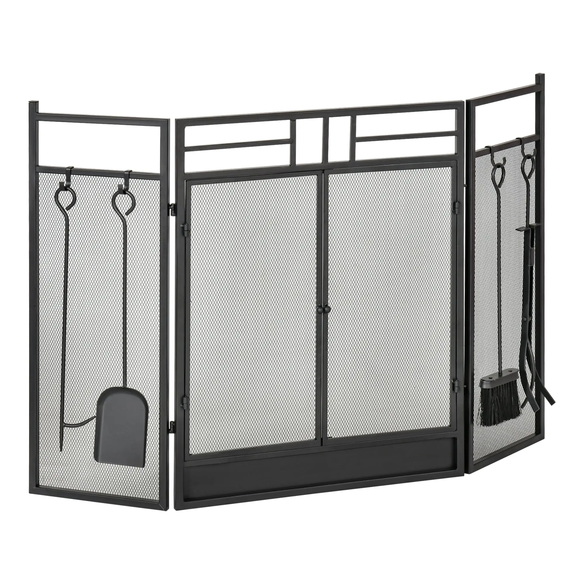 Pare-feu Large pour cheminée ou poêle - Pare-étincelles serviteur de cheminée 2 en 1 avec Accessoires - 3 Volets Pliables et Porte - Acier métal Noir