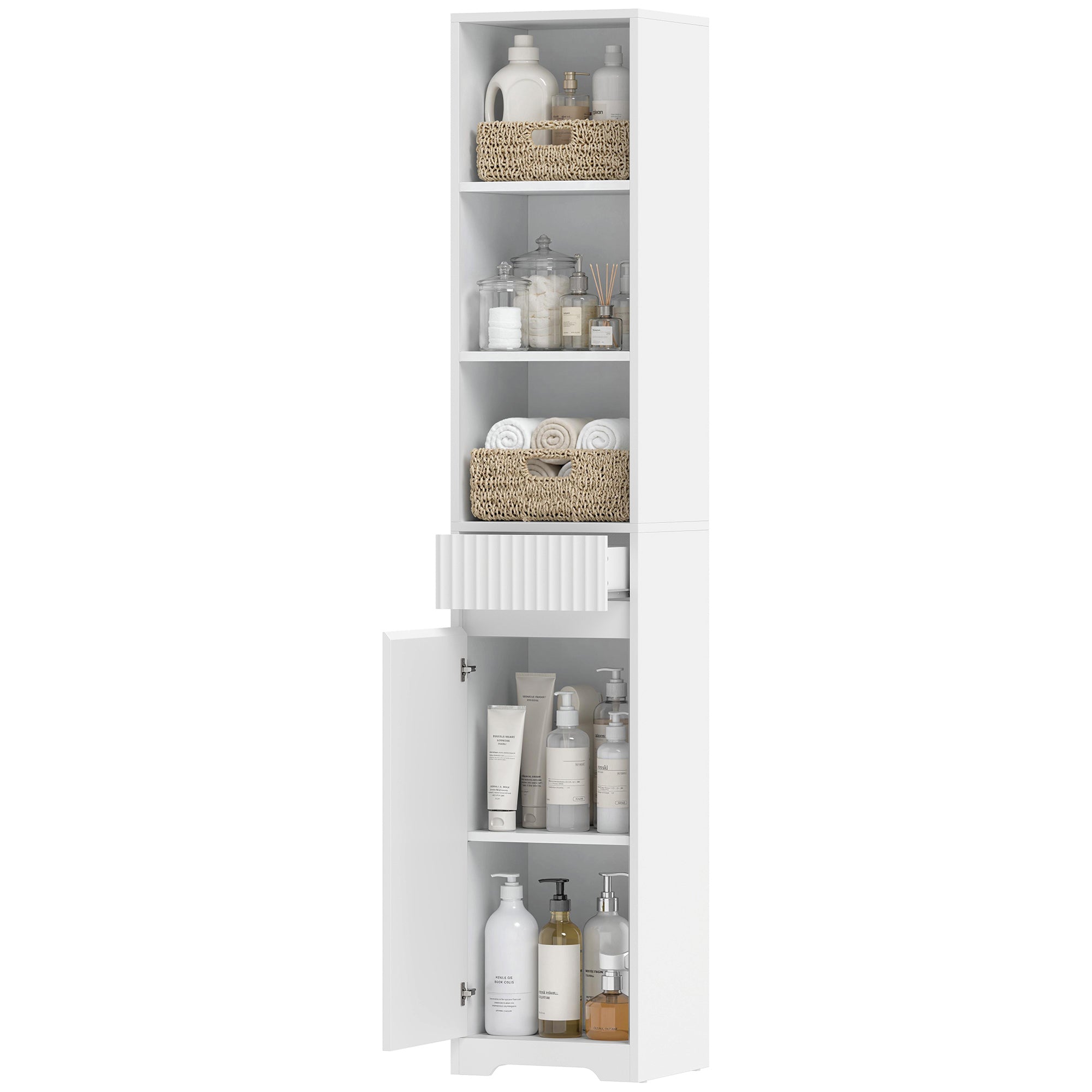 Meuble de salle de bain haut, meuble de rangement, colonne salle de bain avec porte, tiroir, compartiments ouverts, étagère réglable, style moderne, pour salon, chambre, 33x30x172cm, blanc