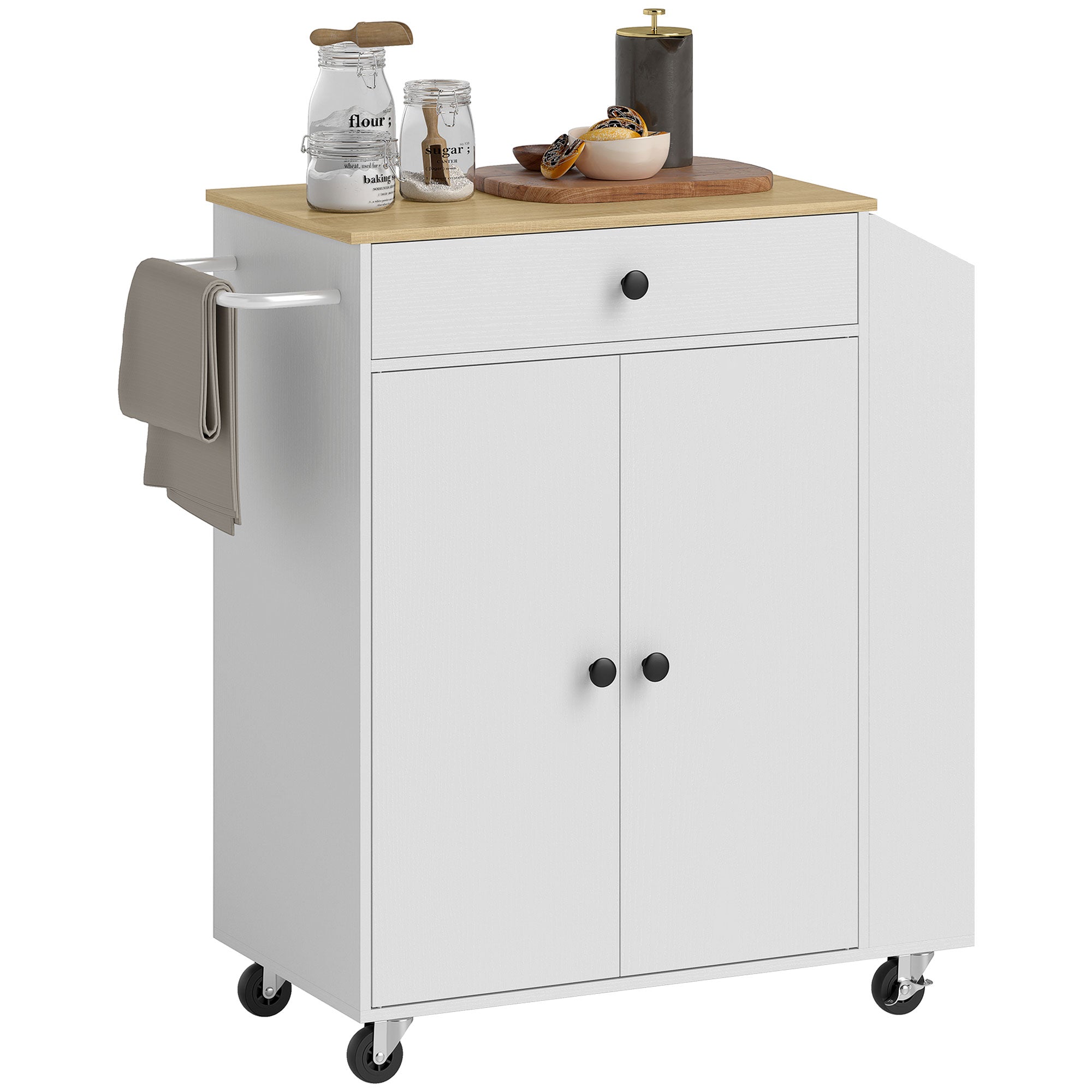 Îlot central cuisine mobile, desserte cuisine avec tiroir, étagère réglable, placard à deux portes, barre à serviettes et étagères à épices pour salle à manger, blanc