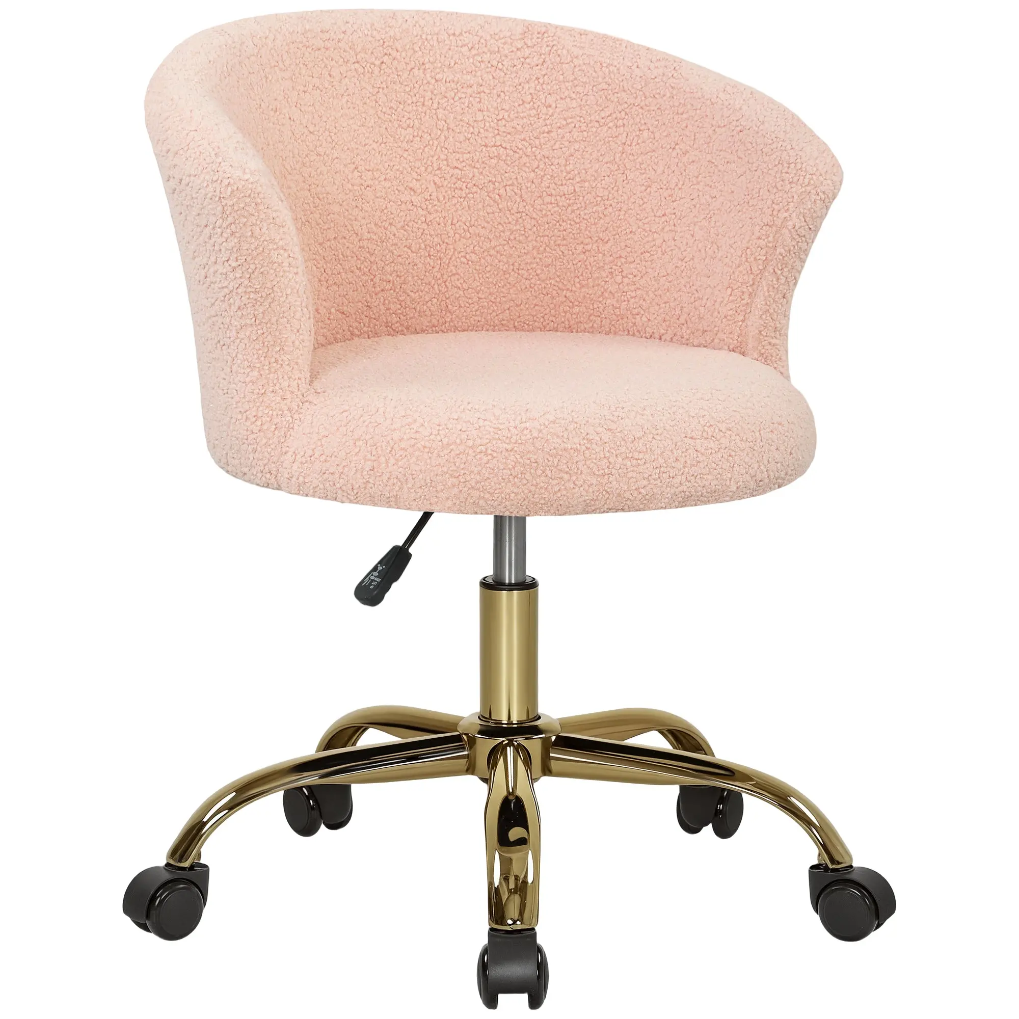 Chaise bureau ergonomique en polaire Teddy, chaise coiffeuse, fauteuil pivotante avec hauteur réglable, assise rembourrée et piètement acier doré, pour bureau, salon, chambre, rose