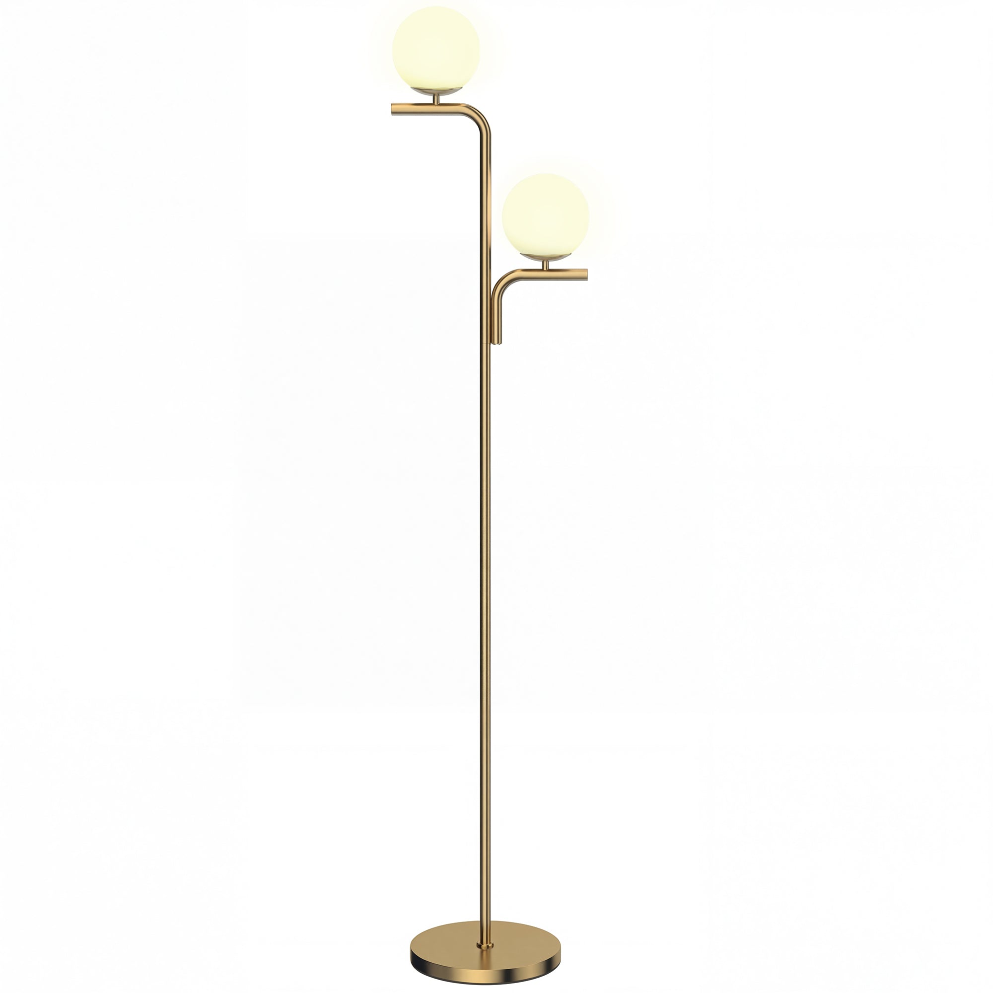 Lampadaire sur Pied Salon à Double Tête, Lampe sur Pied Moderne avec Abat-Jour en Verre Sphérique, 3 Températures de Couleur, Douille E27, Interrupteur au Pied, pour Chambre, Bureau, Doré
