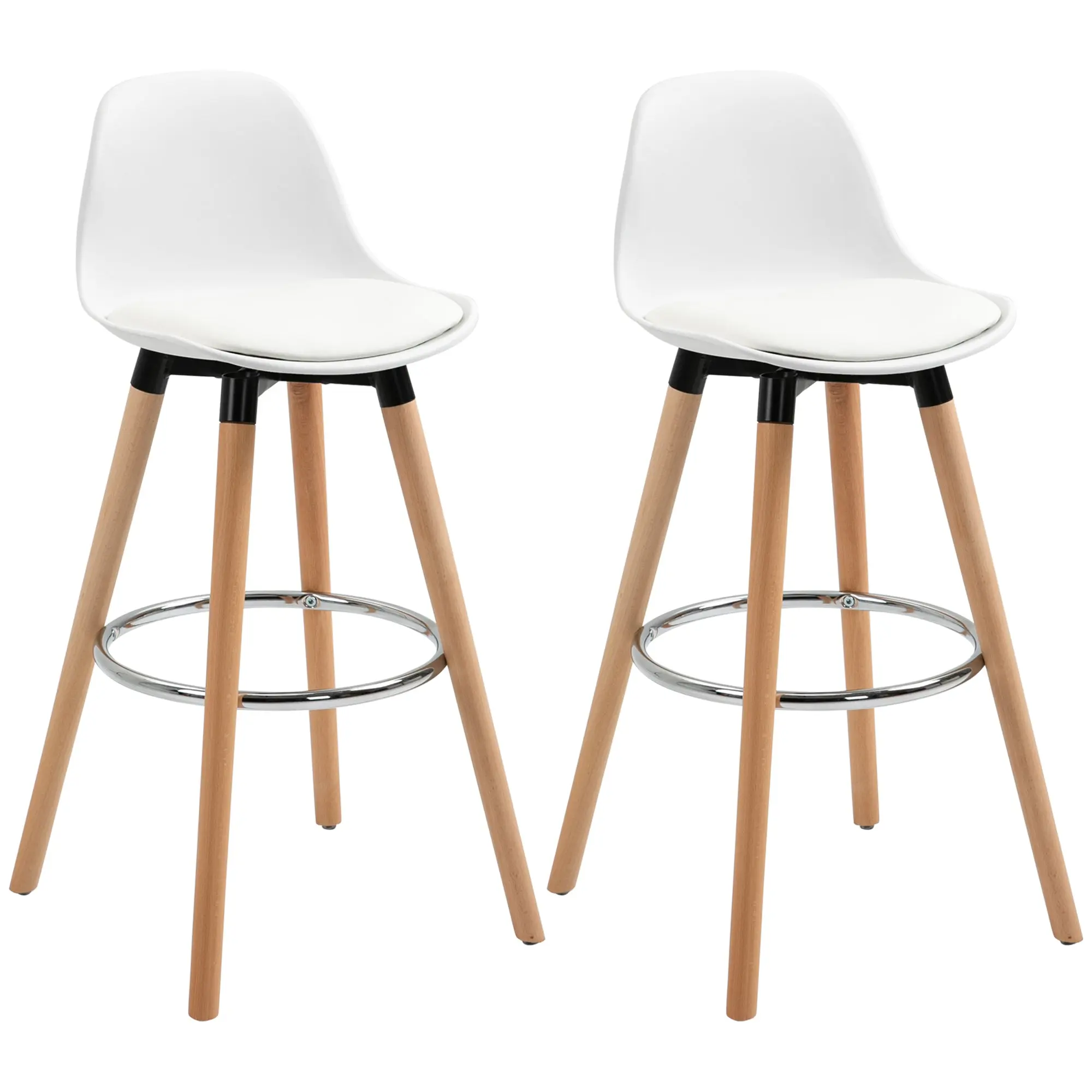 Lot de 2 tabourets de bar style scandinave hauteur 70 cm avec pieds en bois et repose-pieds en acier - blanc