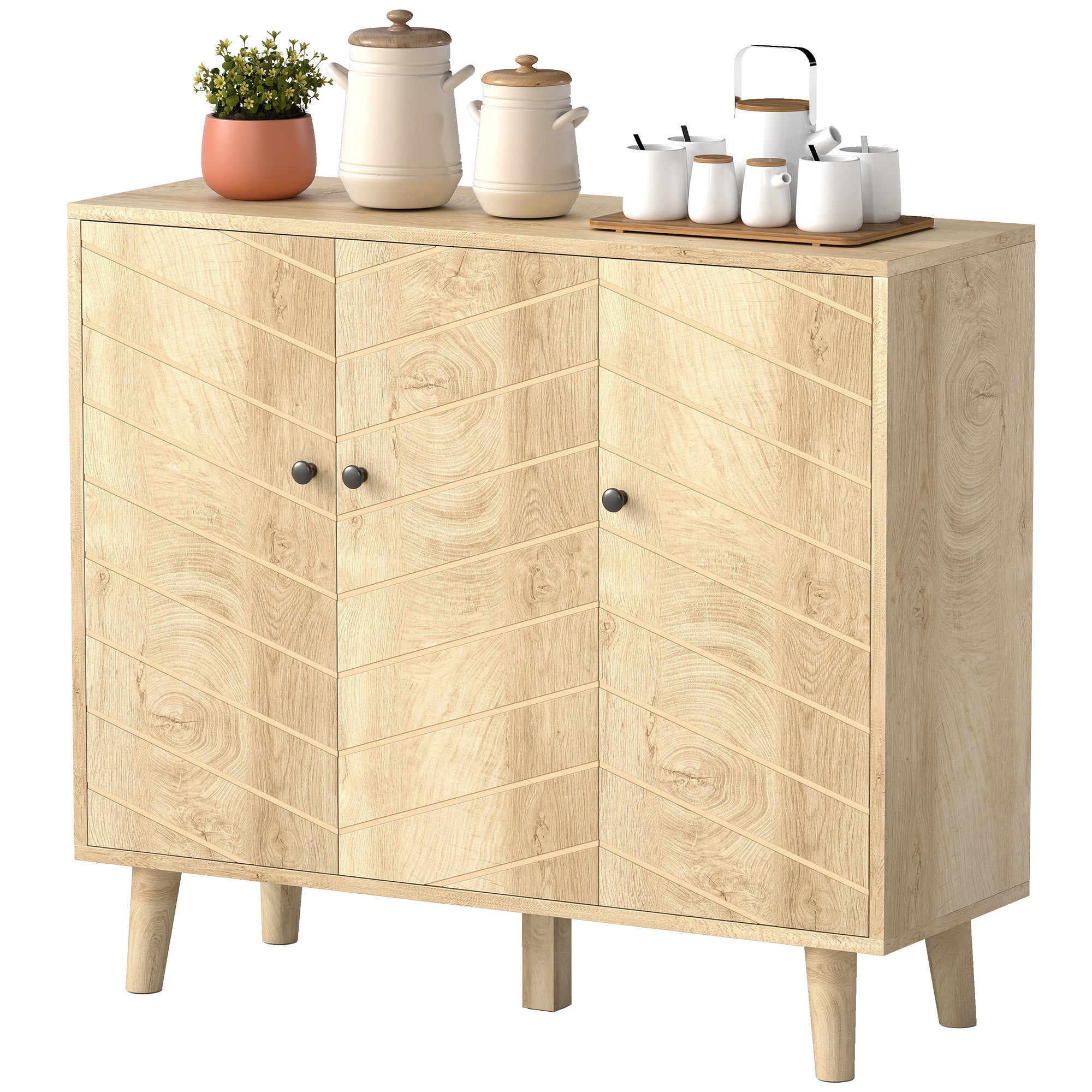 Buffet Cuisine, Meuble de Rangement avec 3 Portes à Motif Chevron et Pieds en Bois de Pin, Style Moderne, Buffet Salle à Manger, Salon et Chambre, 88,3 x 30 x 76 cm, Bois Naturel