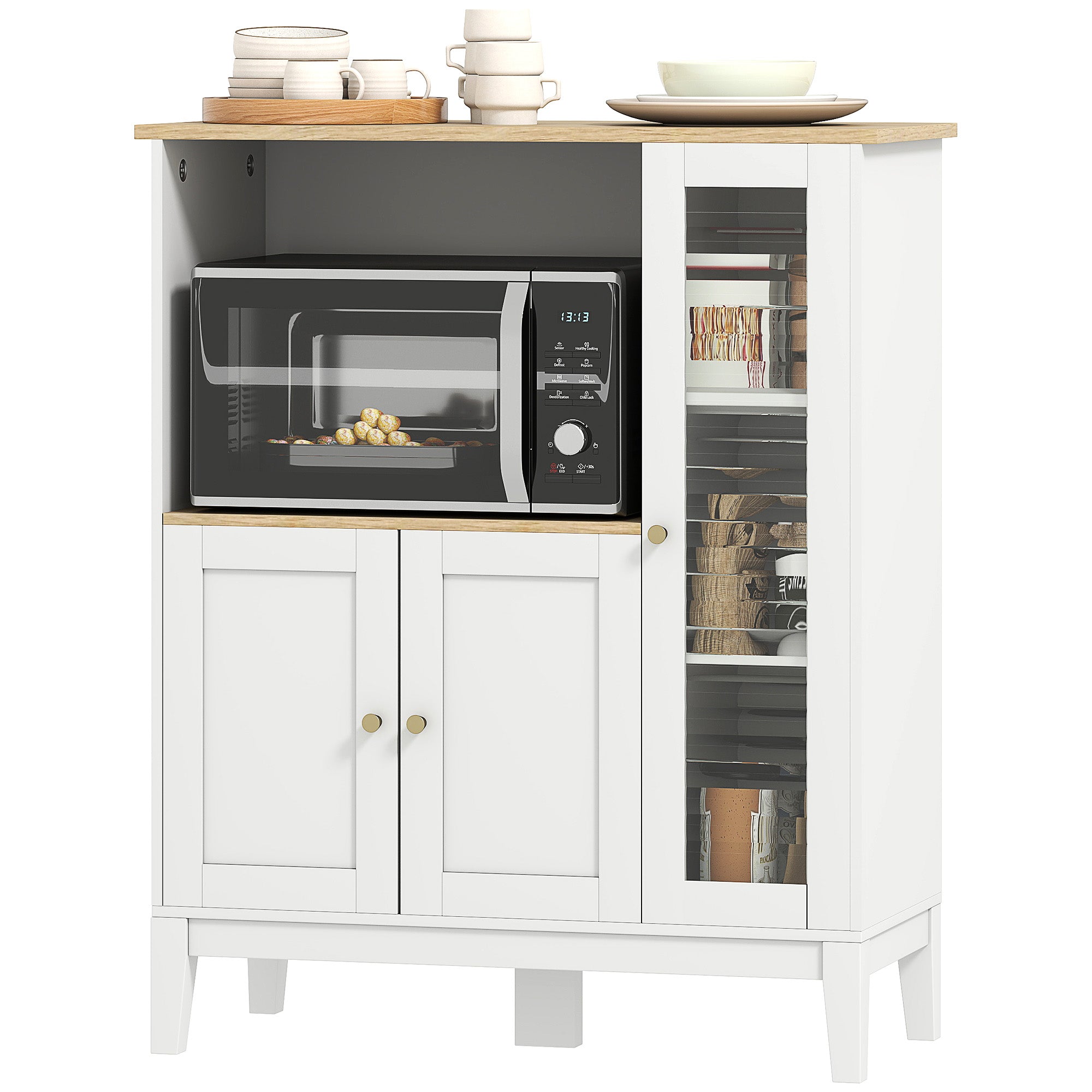 Meuble micro-ondes, armoire de cuisine, buffet, avec 1 niche 3 portes, passe-cables, pour cuisine, salle à manger, salon, 80 x 35 x 97 cm, verre trempé, blanc et aspect bois