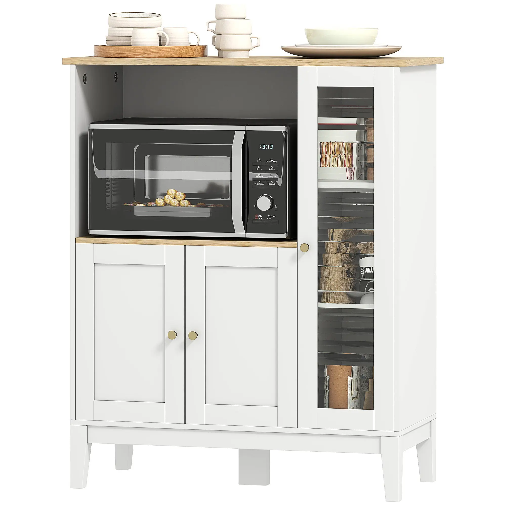 Meuble micro-ondes, armoire de cuisine, buffet, avec 1 niche 3 portes, passe-cables, pour cuisine, salle à manger, salon, 80 x 35 x 97 cm, verre trempé, blanc et aspect bois