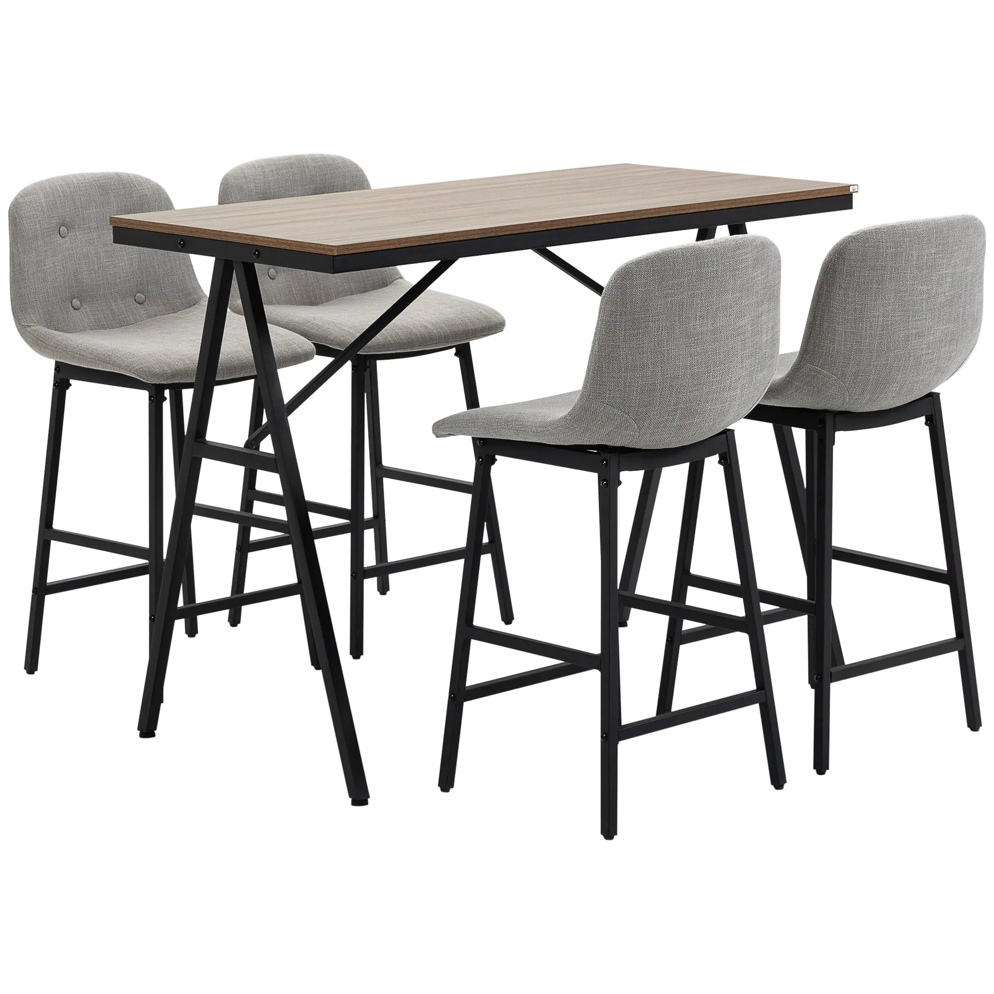 Ensemble table de bar avec tabourets, table à manger debout avec 4 chaises rembourrées, pieds en acier, style industriel, table haute bar et 4 tabourets pour salle à manger, cuisine, gris clair