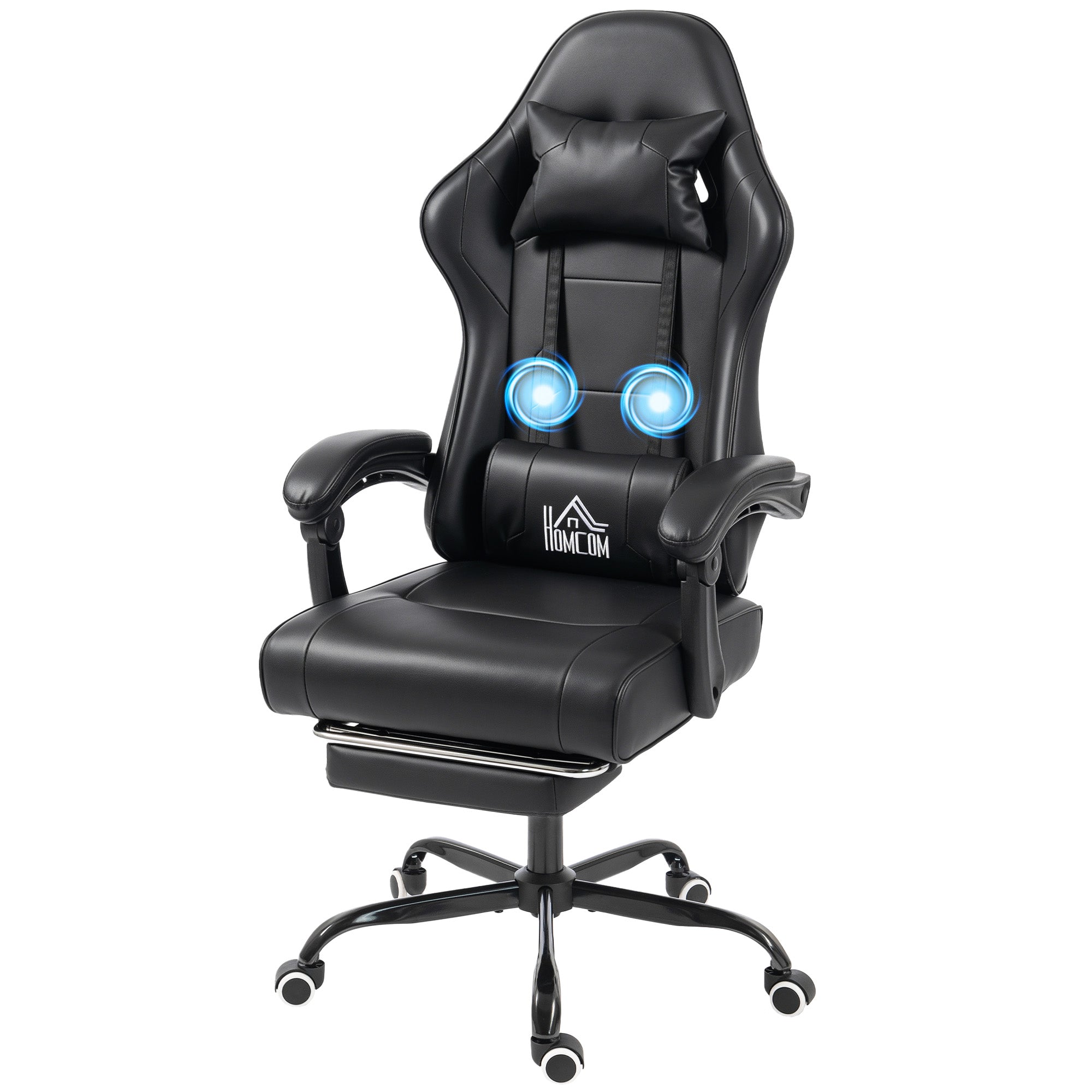Chaise gaming ergonomique, fauteuil gamer avec support lombaire massant, dossier inclinable, hauteur réglable, repose-pieds, appui-tête, 63 x 66 x 126-134 cm, noir