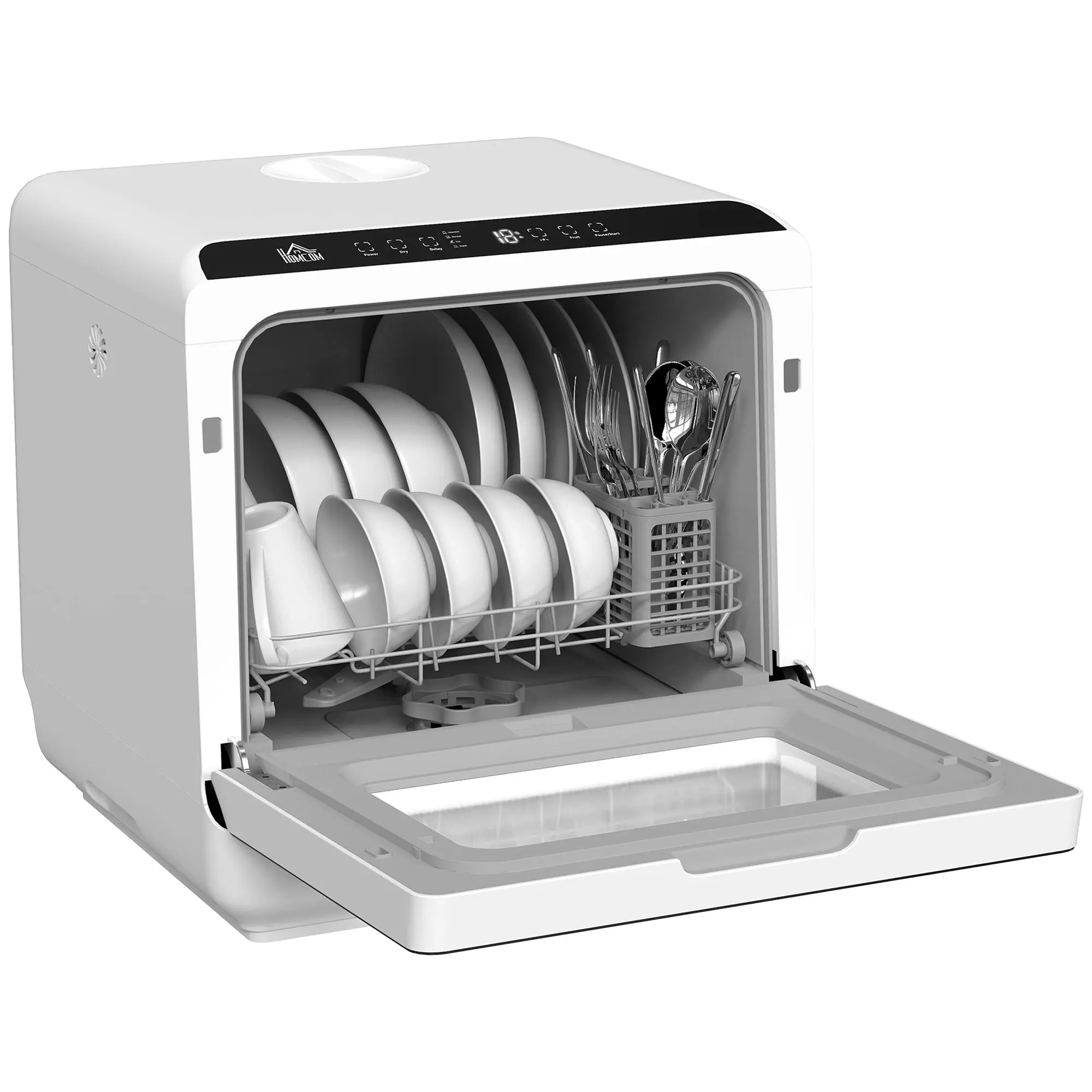 Mini lave-vaisselle compact 4 couverts, lave vaisselle de table, 6 programmes, commande tactile, écran LED, réservoir 6 L, départ différé, double alimentation en eau et séchage à l'air, blanc