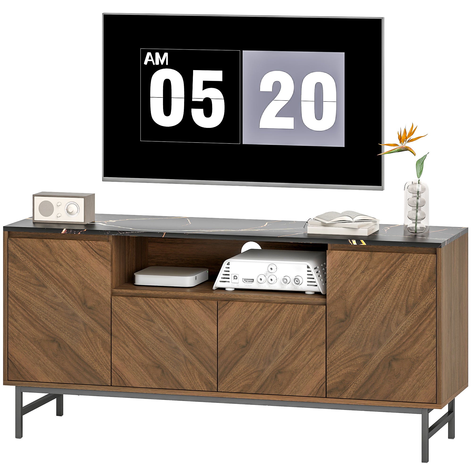 Meuble TV jusqu'à 65 pouces meuble télé bois avec compartiment ouvert, portes, étagères réglables et passe-cables, banc TV moderne effet marbre pour salon chambre à coucher, 140x39x66cm, noyer