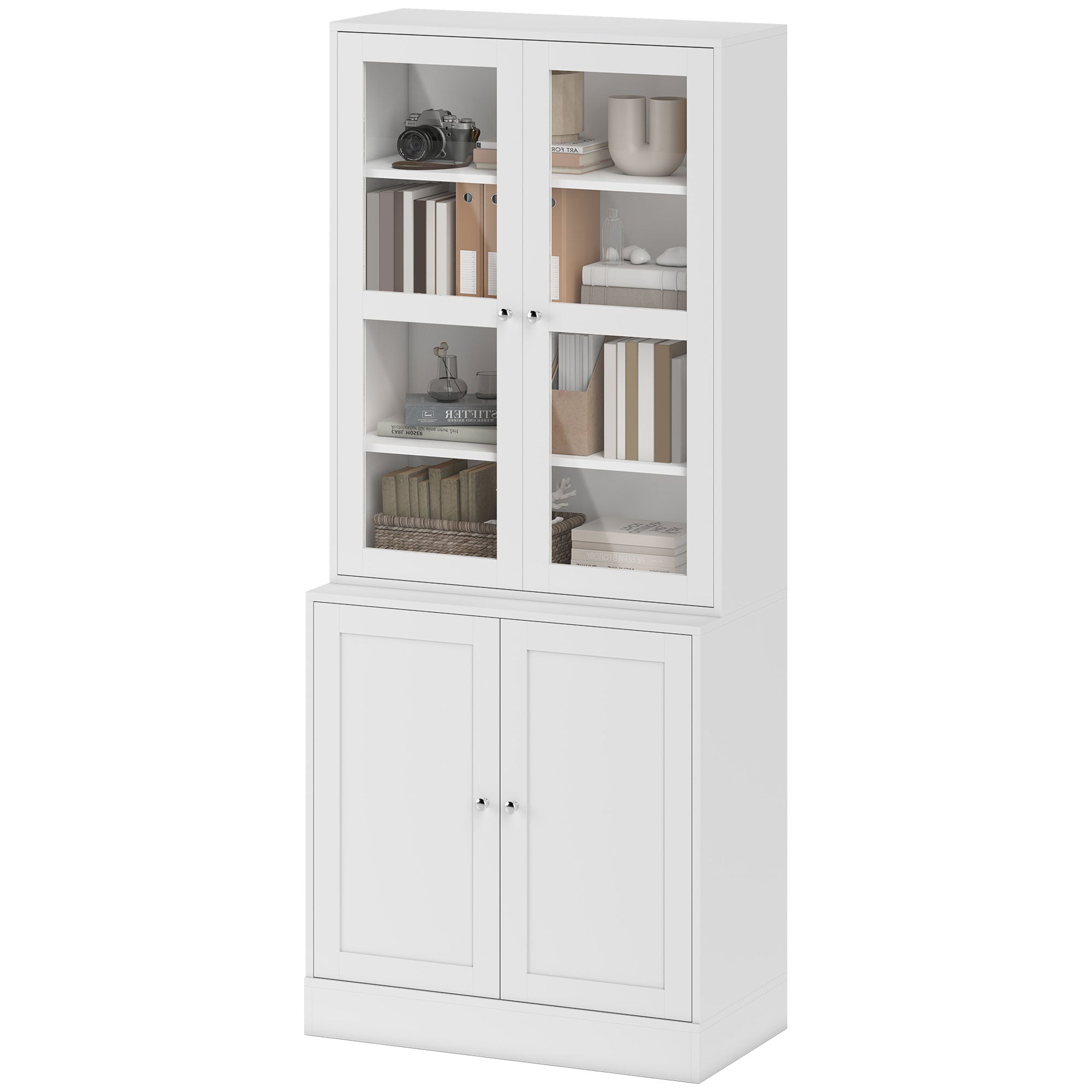 Bibliothèque vitrine, buffet salon, meuble de rangement avec 2 portes verre, 2 portes bois, 4 étagères réglables, pour salon, bureau, chambre, blanc