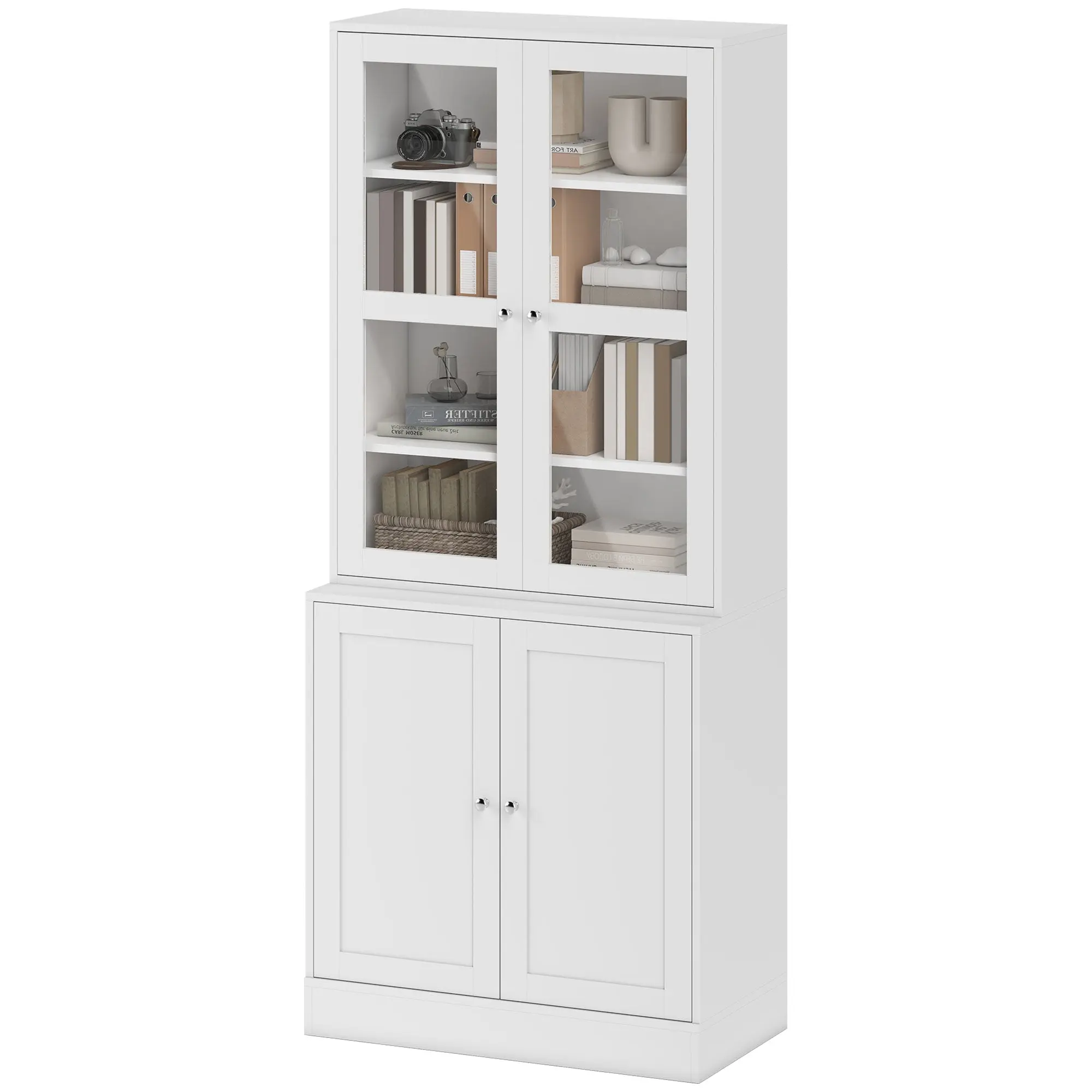Bibliothèque vitrine, buffet salon, meuble de rangement avec 2 portes verre, 2 portes bois, 4 étagères réglables, pour salon, bureau, chambre, blanc