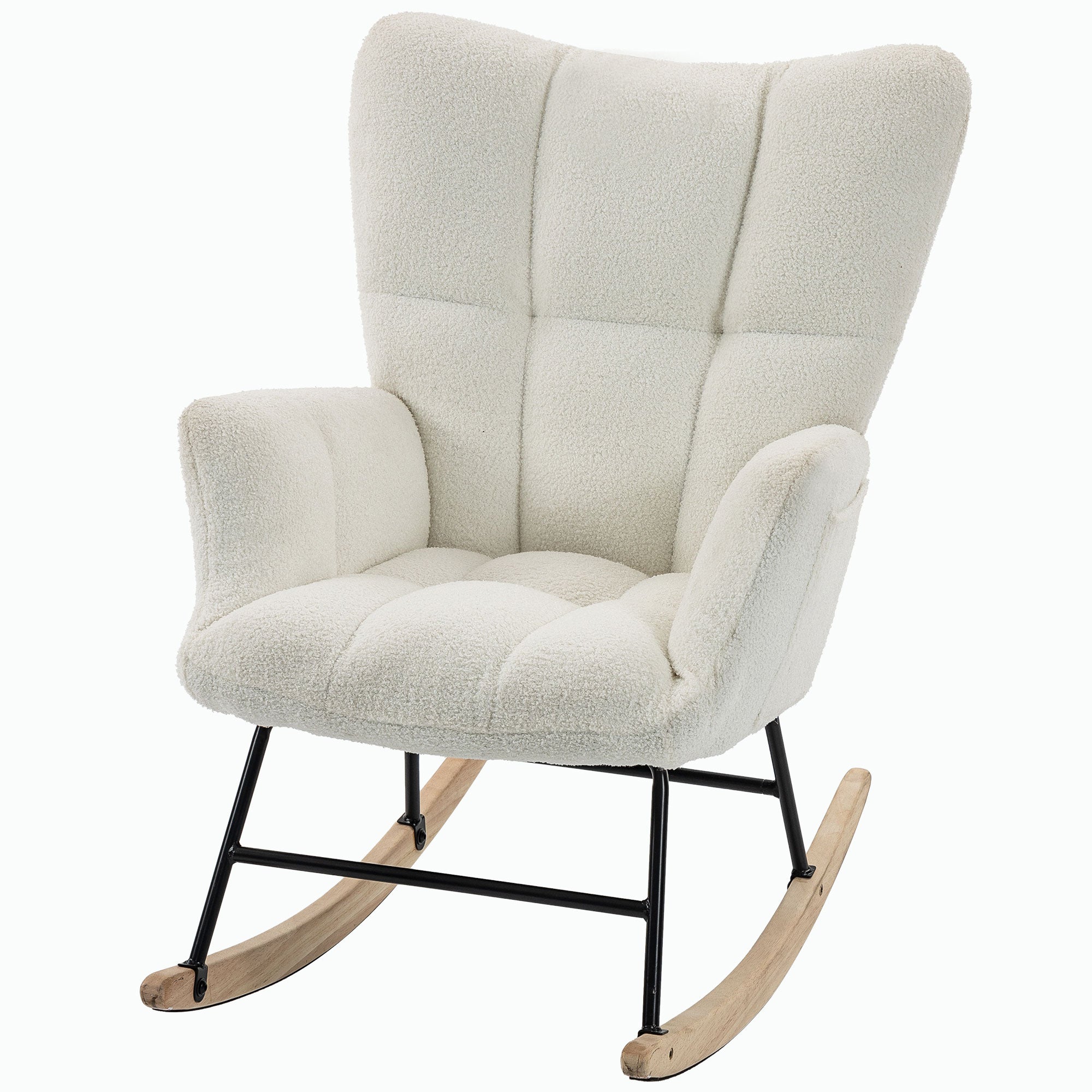 Fauteuil à Bascule, Rocking Chair en Peluche Teddy, Poches Latérales, Dossier à Oreilles Capitonné, Assise Rembourrée, Pieds en Bois d'hévéa, Chaise à Bascule Moderne pour Salon, Chambre, Crème