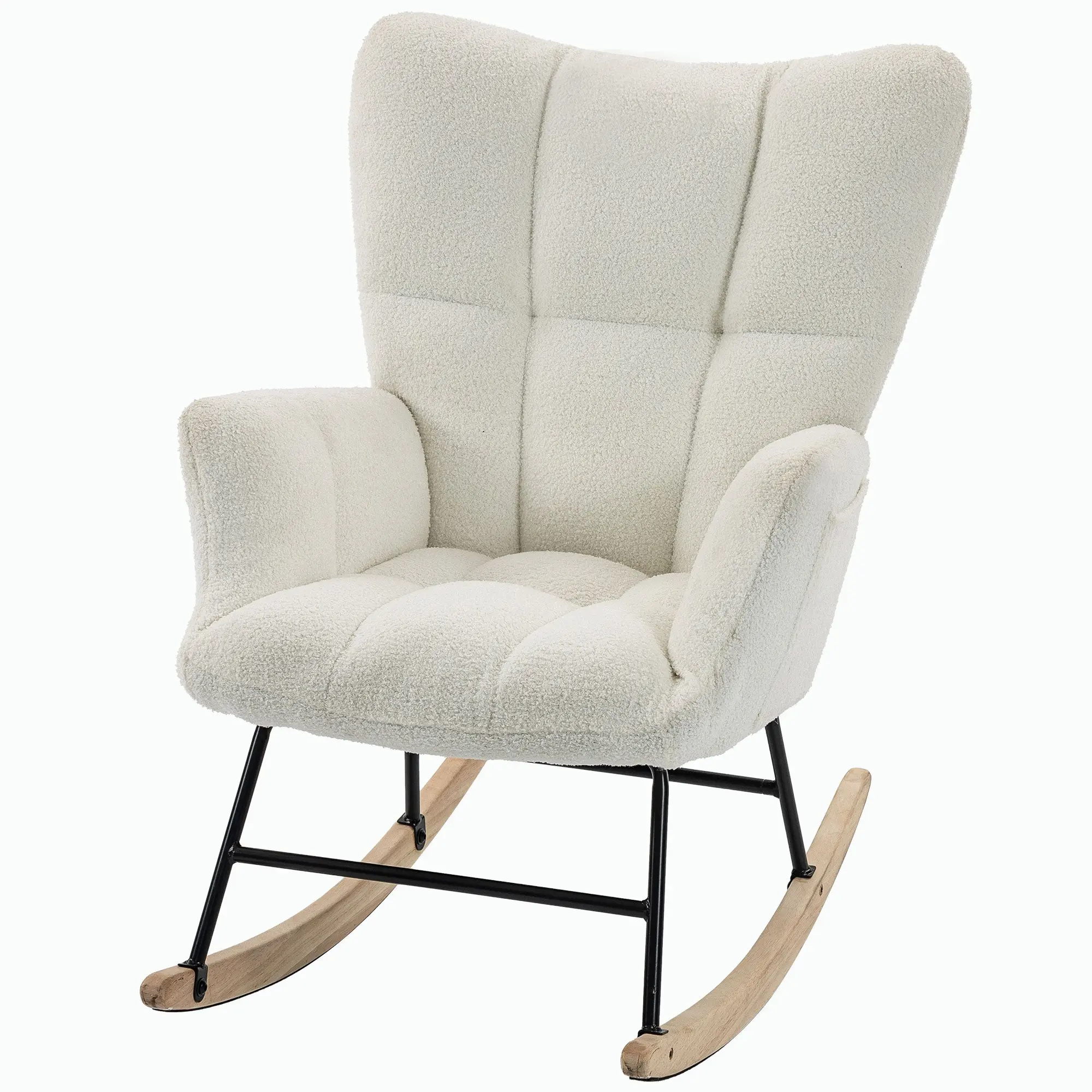 Fauteuil à Bascule, Rocking Chair en Peluche Teddy, Poches Latérales, Dossier à Oreilles Capitonné, Assise Rembourrée, Pieds en Bois d'hévéa, Chaise à Bascule Moderne pour Salon, Chambre, Crème