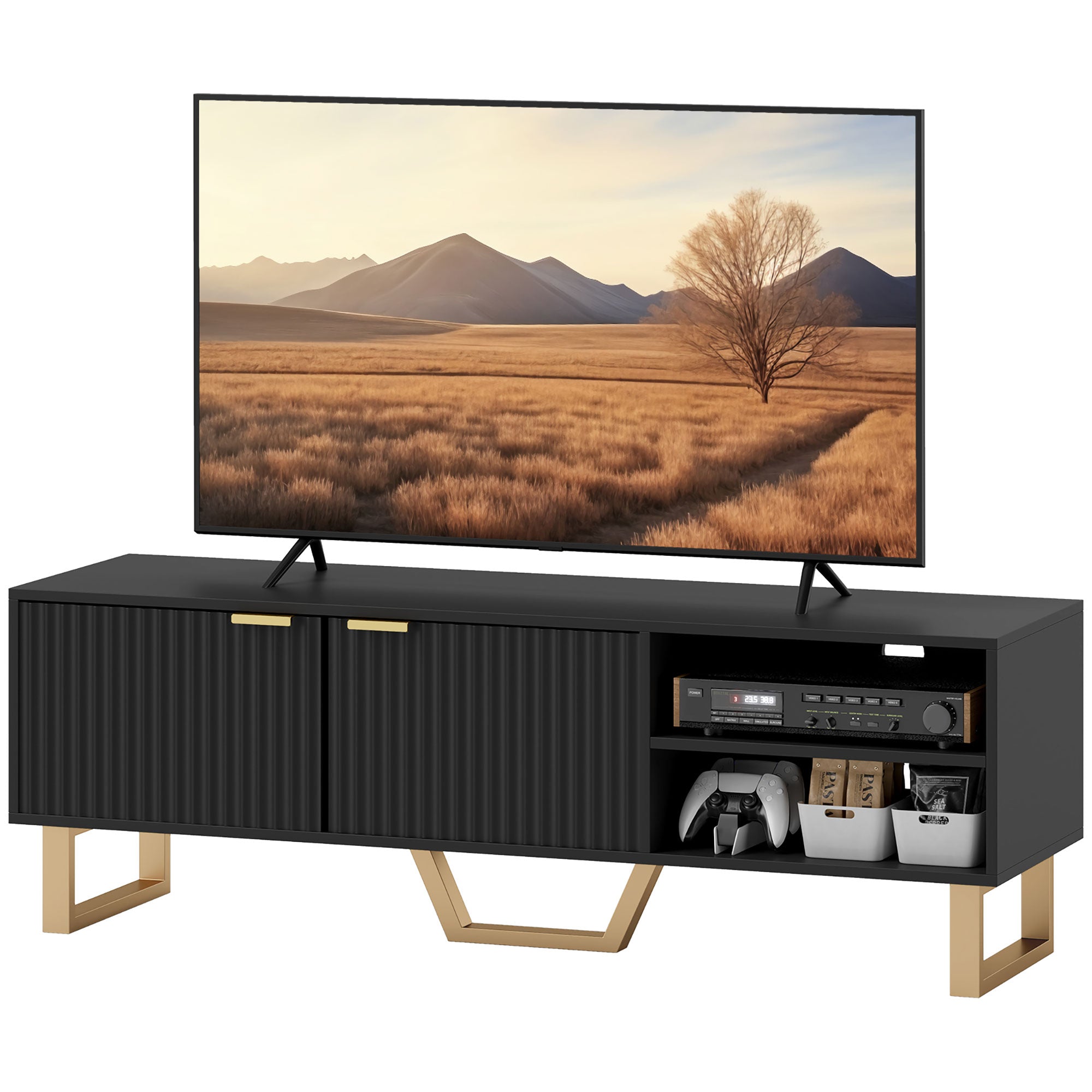 Meuble TV meuble télé bois banc TV pour téléviseur jusqu'à 70 pouces avec placard à 2 portes cannelées, compartiment ouvert et passe-cables, pour salon chambre à coucher, 140 x 39 x 47 cm, noir