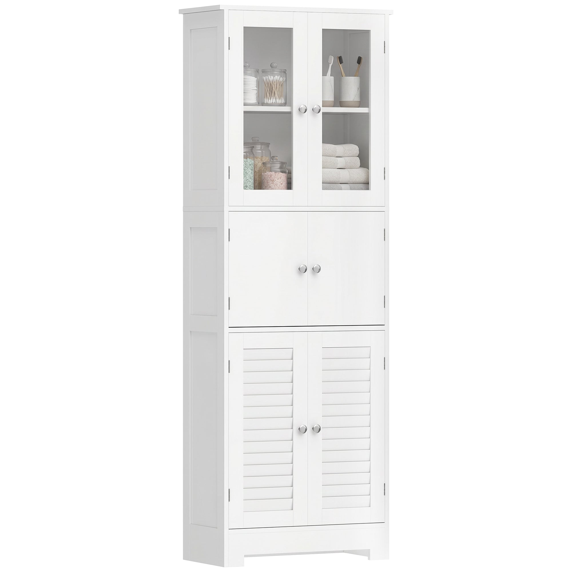 Meuble de salle de bain haut, meuble de rangement, colonne salle de bain avec 6 portes dont 2 vitrées et 2 persiennes, étagère réglable, style moderne, pour salon, chambre, 60x30x170,5cm, blanc