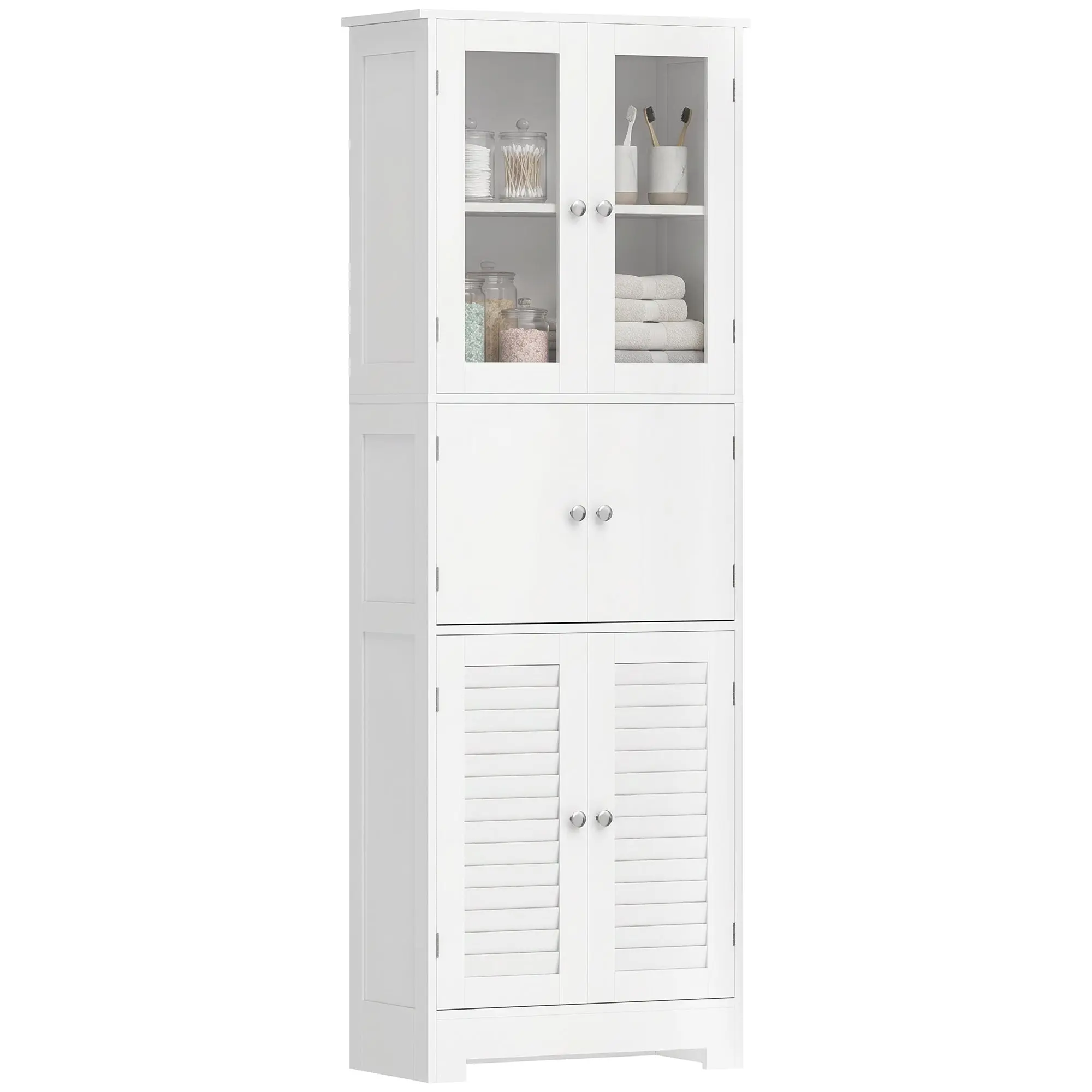 Meuble de salle de bain haut, meuble de rangement, colonne salle de bain avec 6 portes dont 2 vitrées et 2 persiennes, étagère réglable, style moderne, pour salon, chambre, 60x30x170,5cm, blanc