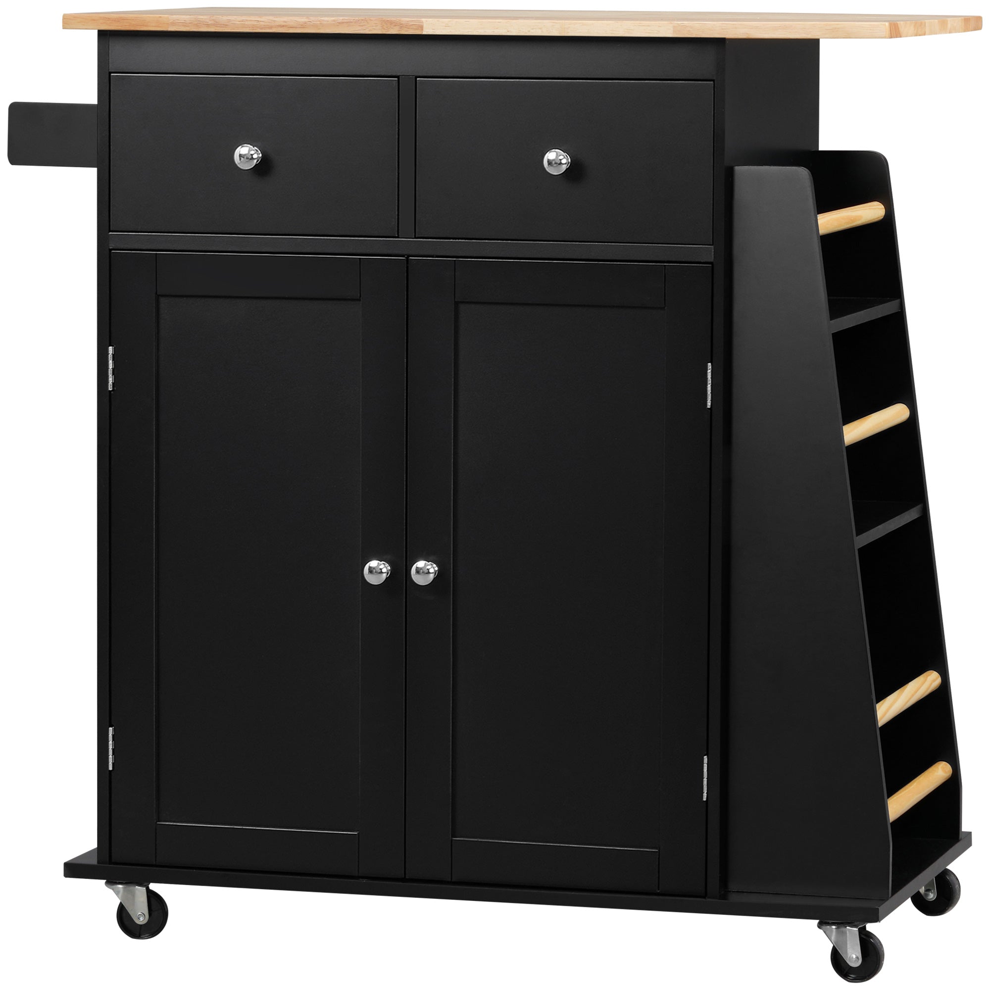 Desserte de cuisine ilôt cuisine avec plan de travail étagère range-bouteilles porte-torchons 2 tiroirs placard 2 portes MDF noir hévéa