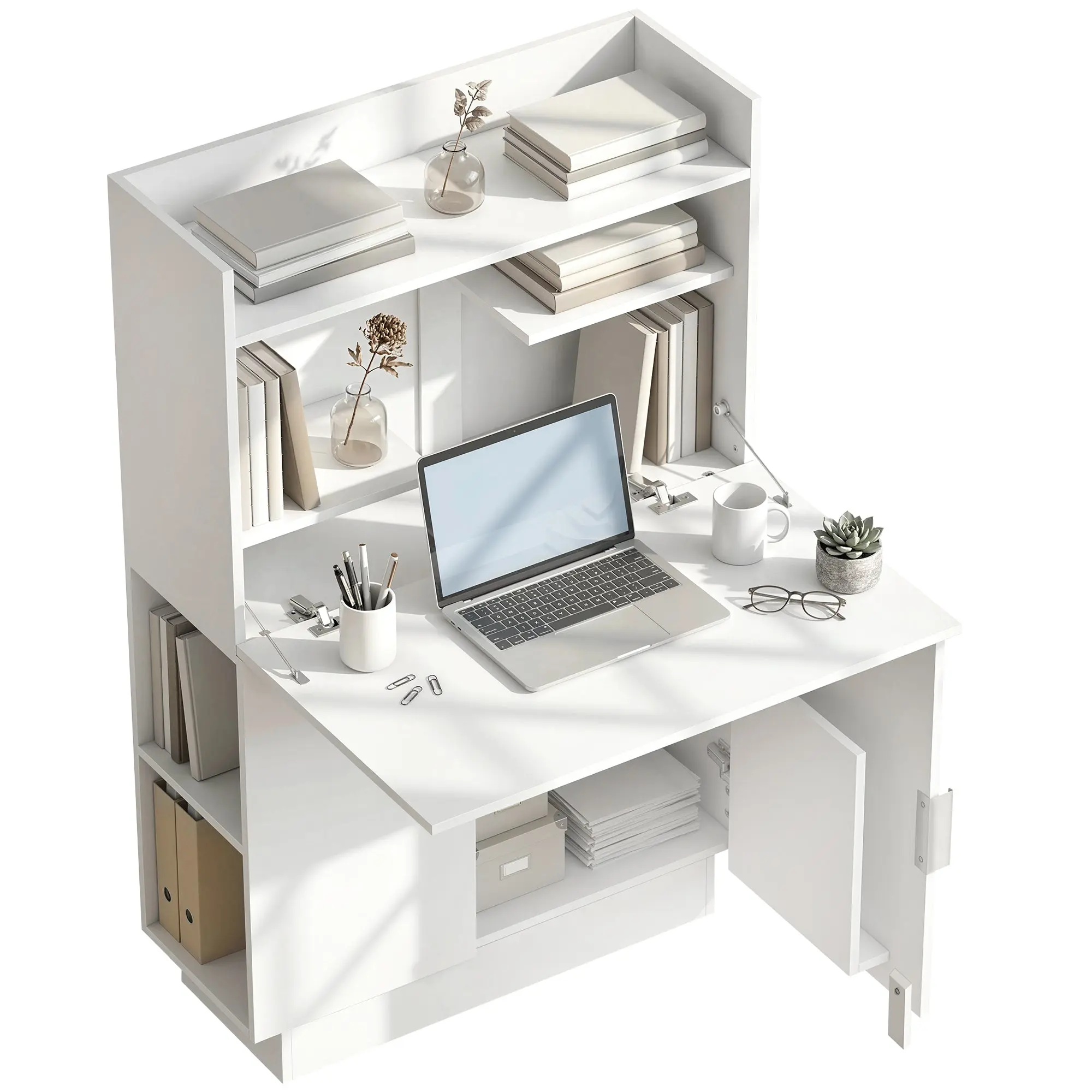 Bureau Pliant, Bureau Informatique avec Plateau Rabattable, étagères de Rangement et Placard, Style Moderne, 80 x 30 x 128 cm, Blanc