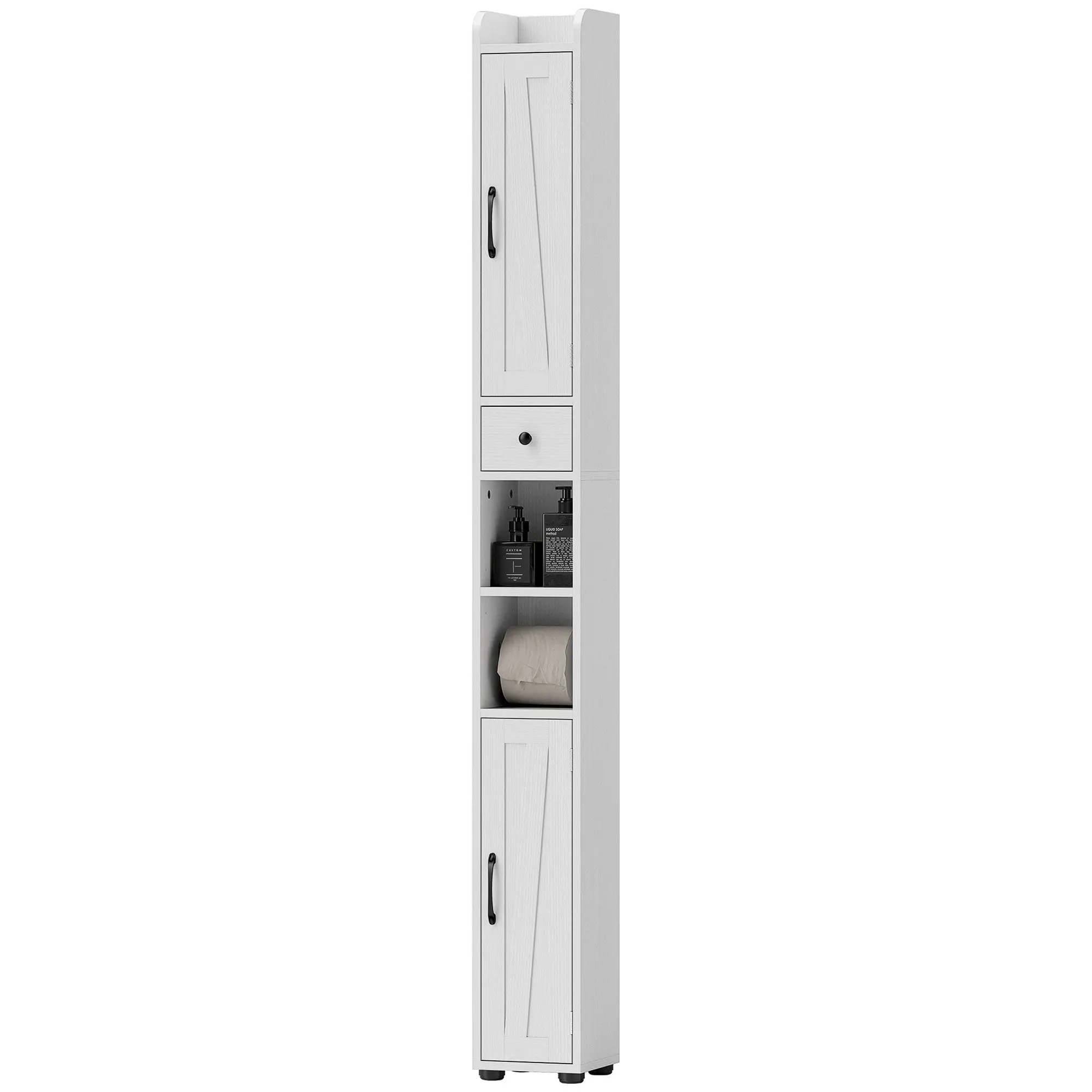 Armoire salle de bain haute, meuble de rangement colonne, 2 portes, tiroir, niches ouvertes, étagères réglables et porte-papier, meuble étroit pour toilette, petits espaces, 20x20x185cm, blanc