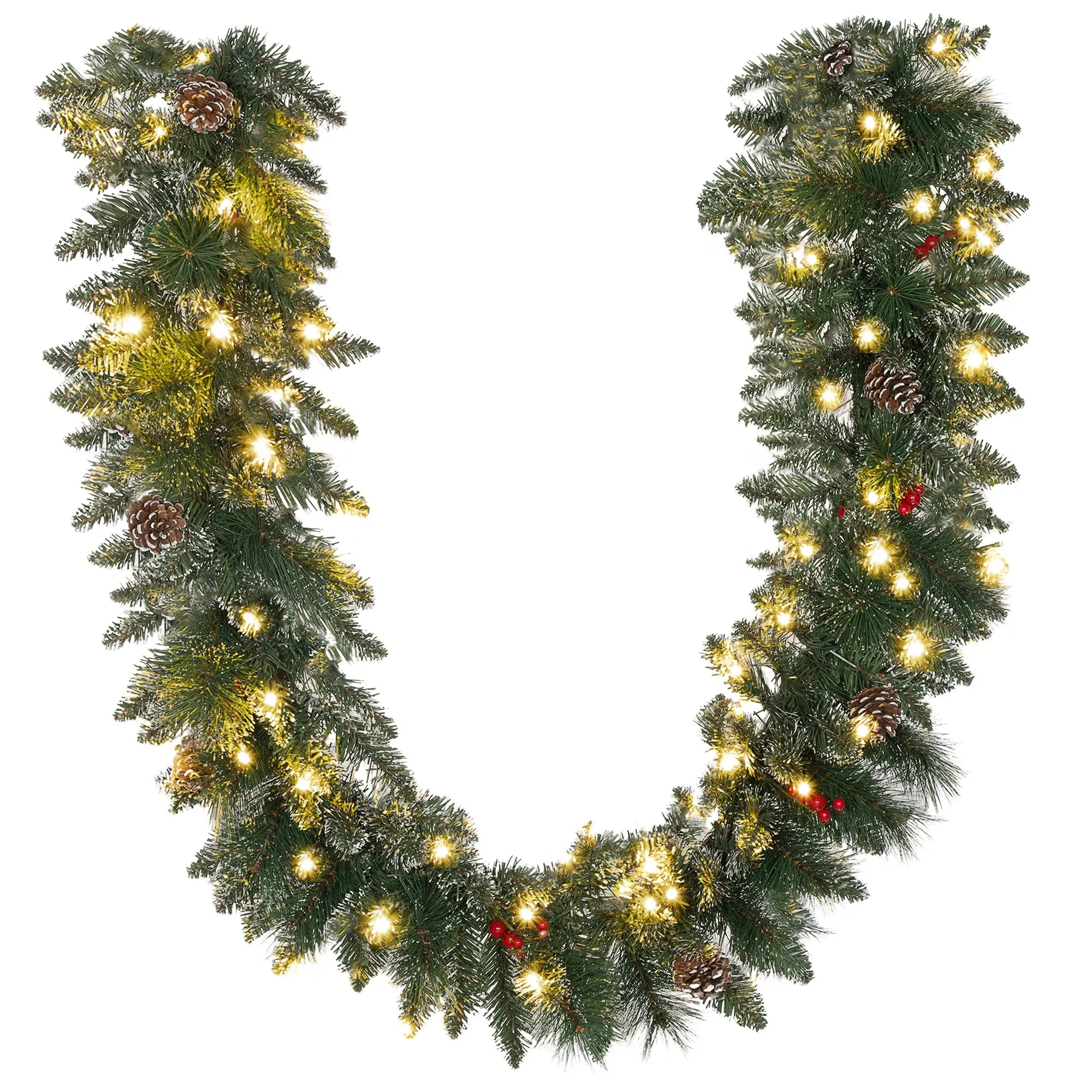 Guirlande de Noël artificielle lumineuse de 1,8 m décoration de Noël avec pommes de pin, grappes de baies, 50 lumières LED et minuterie pour escaliers, cheminées, vert