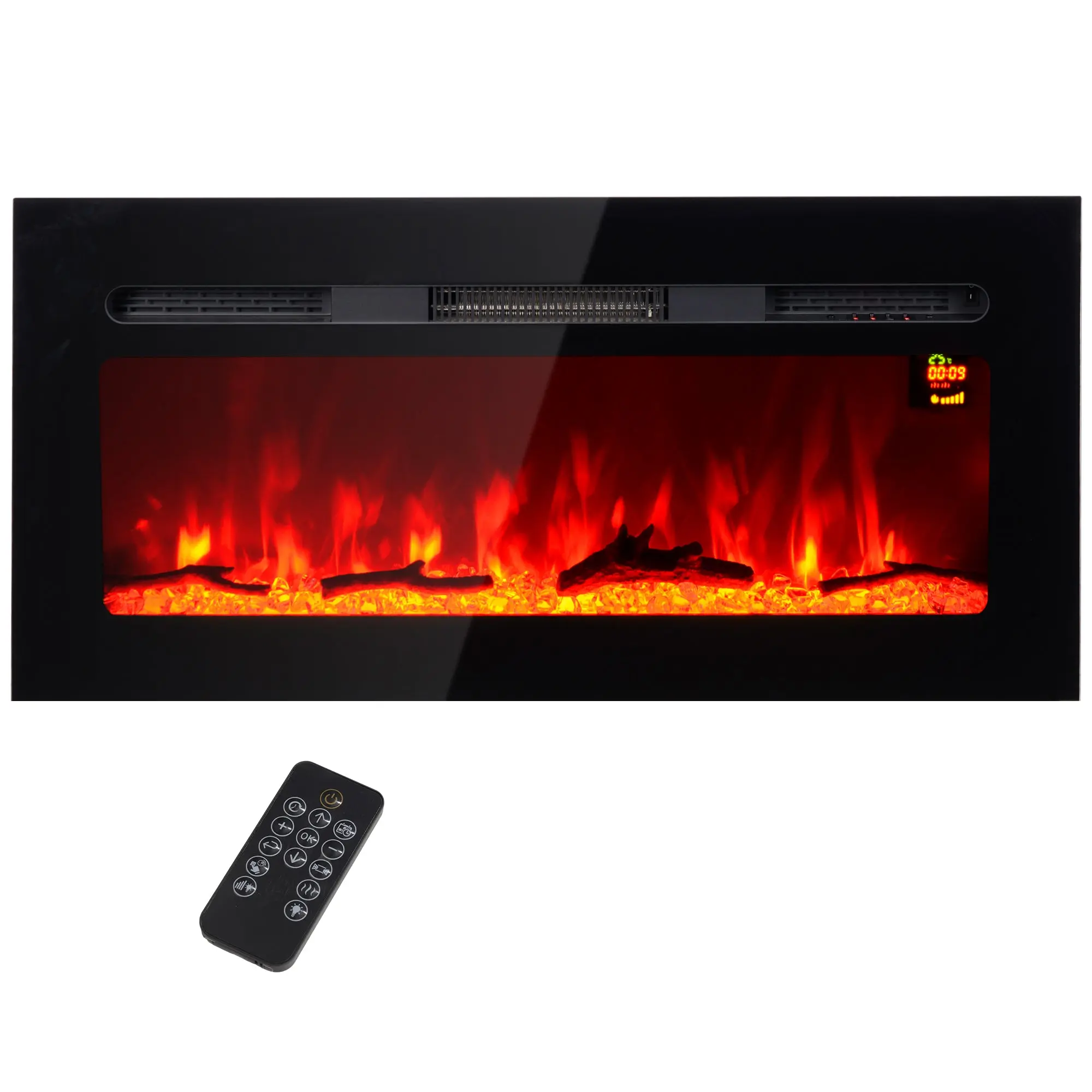 Cheminée électrique 1800 W mural ou encastrable fausse cheminée avec effet flamme en LED 3 couleurs 5 luminosités, bûche et cristal, minuterie, température 15-40℃, télécommande, 91,4L cm, noir