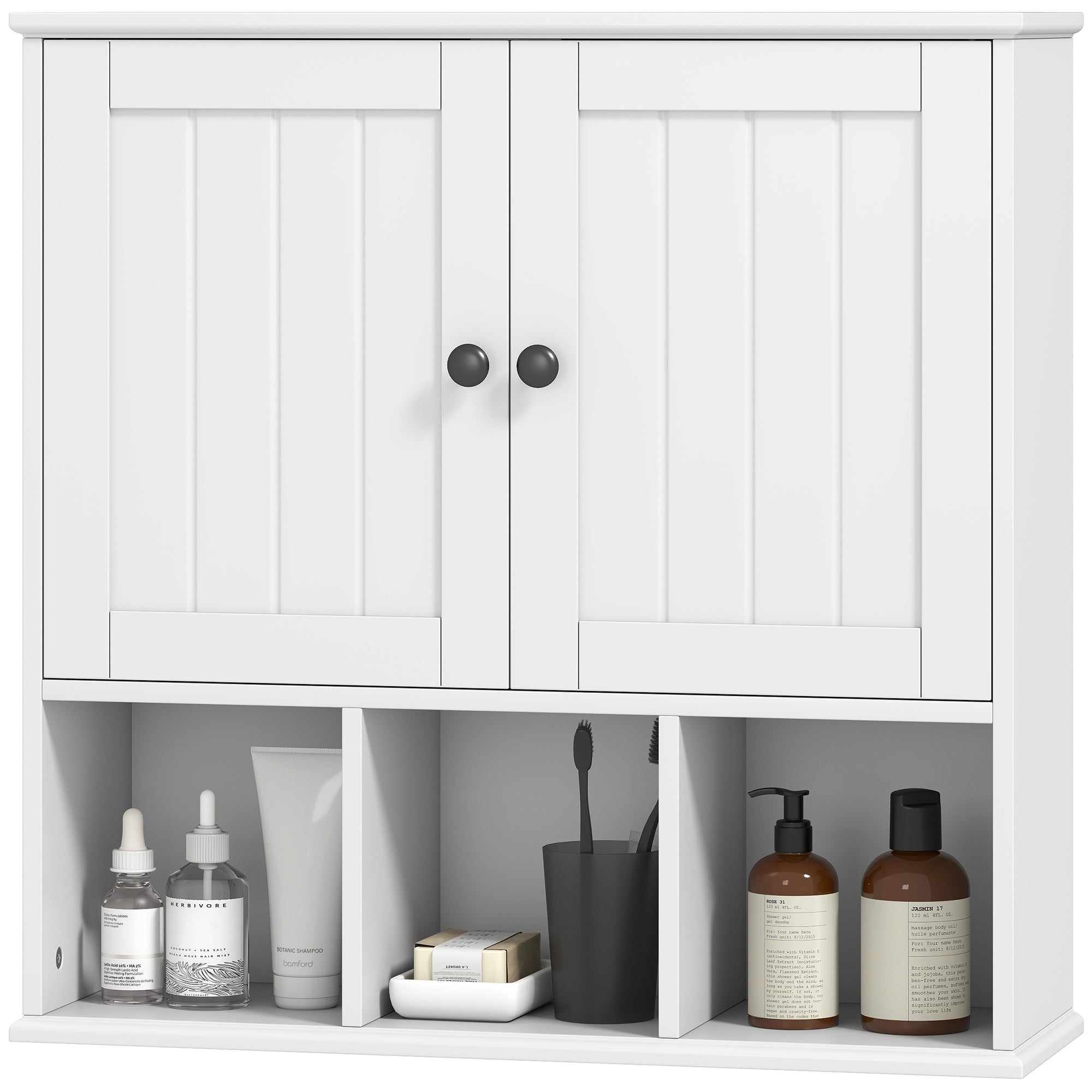 Armoire murale de salle de bain, meuble de rangement suspendu pour salle de bains avec 2 portes, étagère réglable et compartiments ouverts, meuble WC suspendu, 60 x 19,5 x 60 cm, blanc