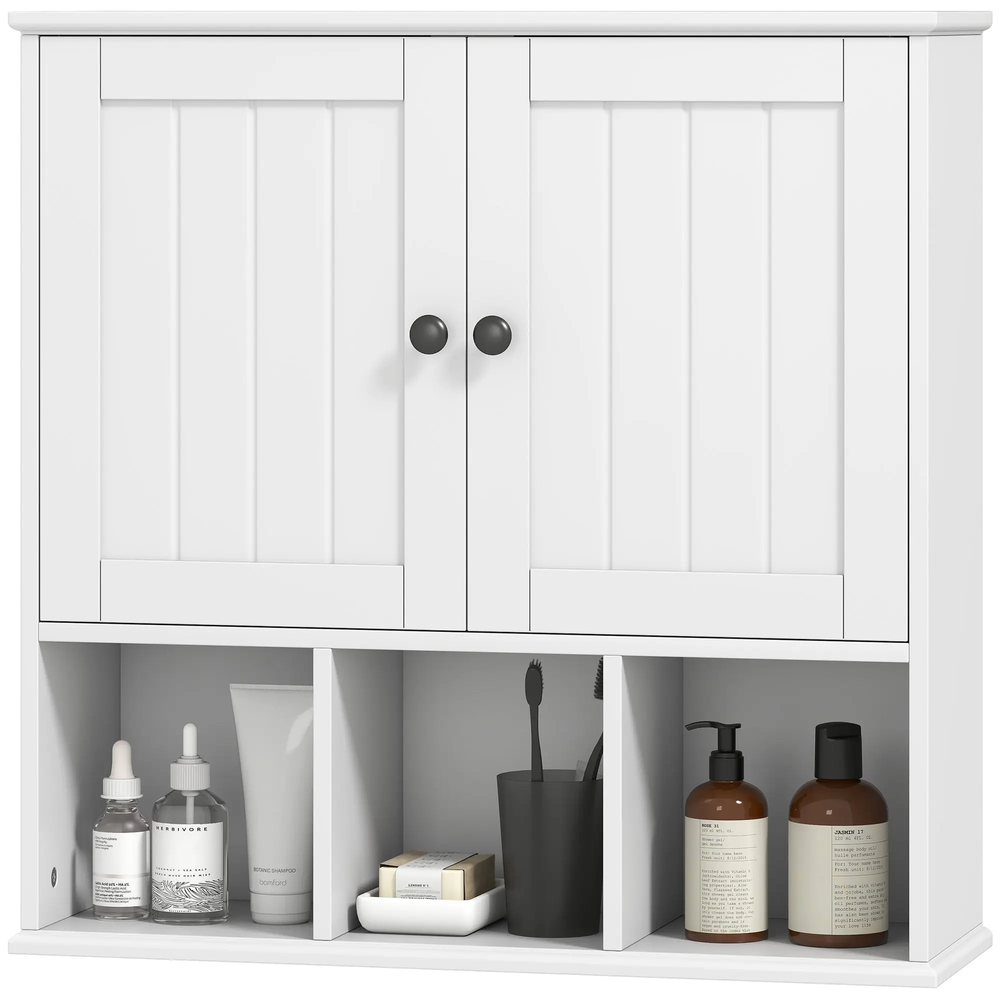Armoire murale de salle de bain, meuble de rangement suspendu pour salle de bains avec 2 portes, étagère réglable et compartiments ouverts, meuble WC suspendu, 60 x 19,5 x 60 cm, blanc