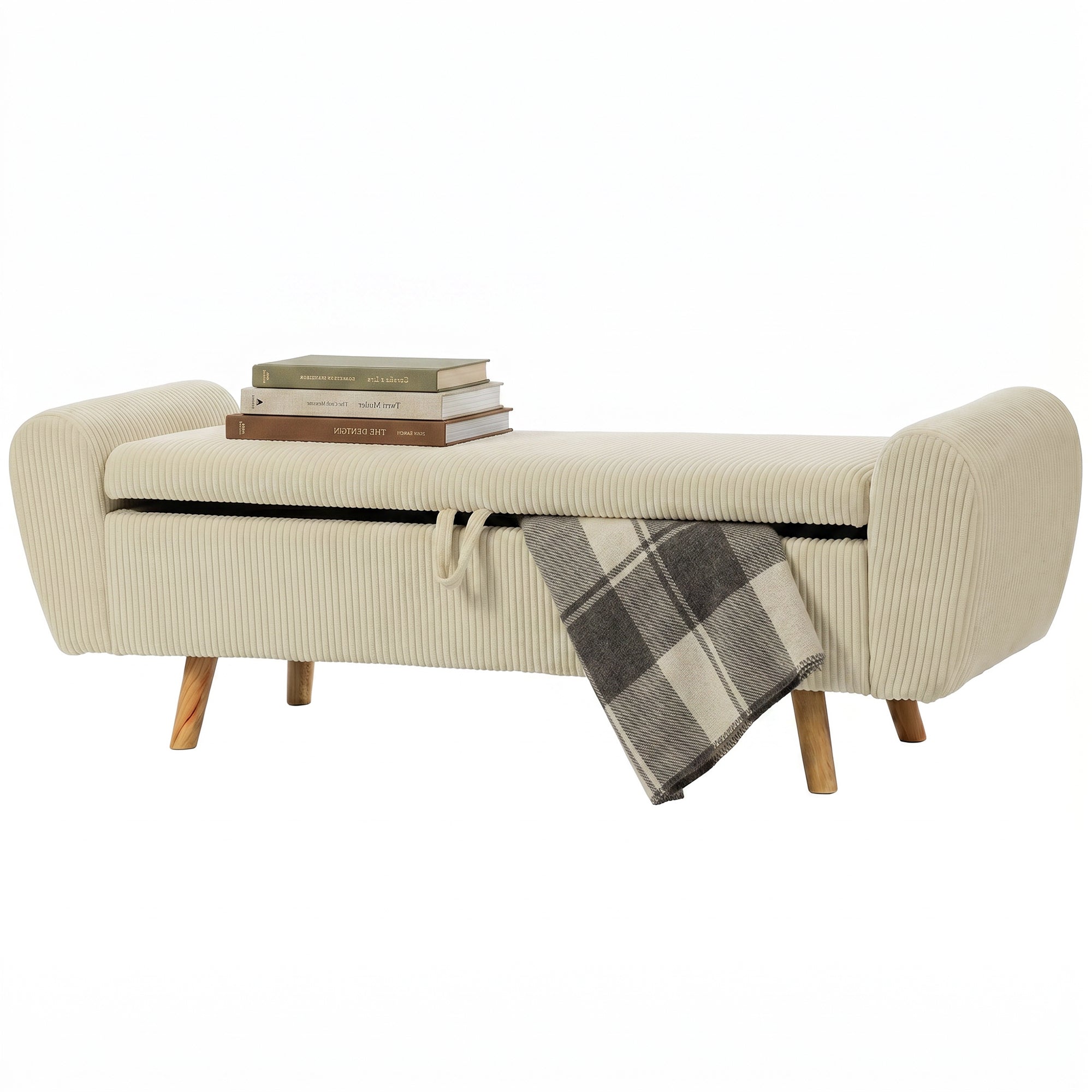 Banc de rangement 73 L, bout de lit, coffre de rangement rembourré en velours côtelé avec accoudoirs et pieds en bois d'hévéa, pour salon, chambre, entrée, 150 x 45 x 51 cm, beige