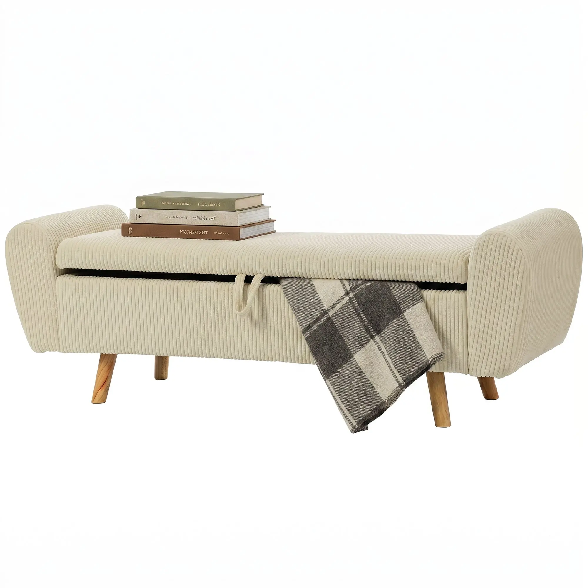 Banc de rangement 73 L, bout de lit, coffre de rangement rembourré en velours côtelé avec accoudoirs et pieds en bois d'hévéa, pour salon, chambre, entrée, 150 x 45 x 51 cm, beige