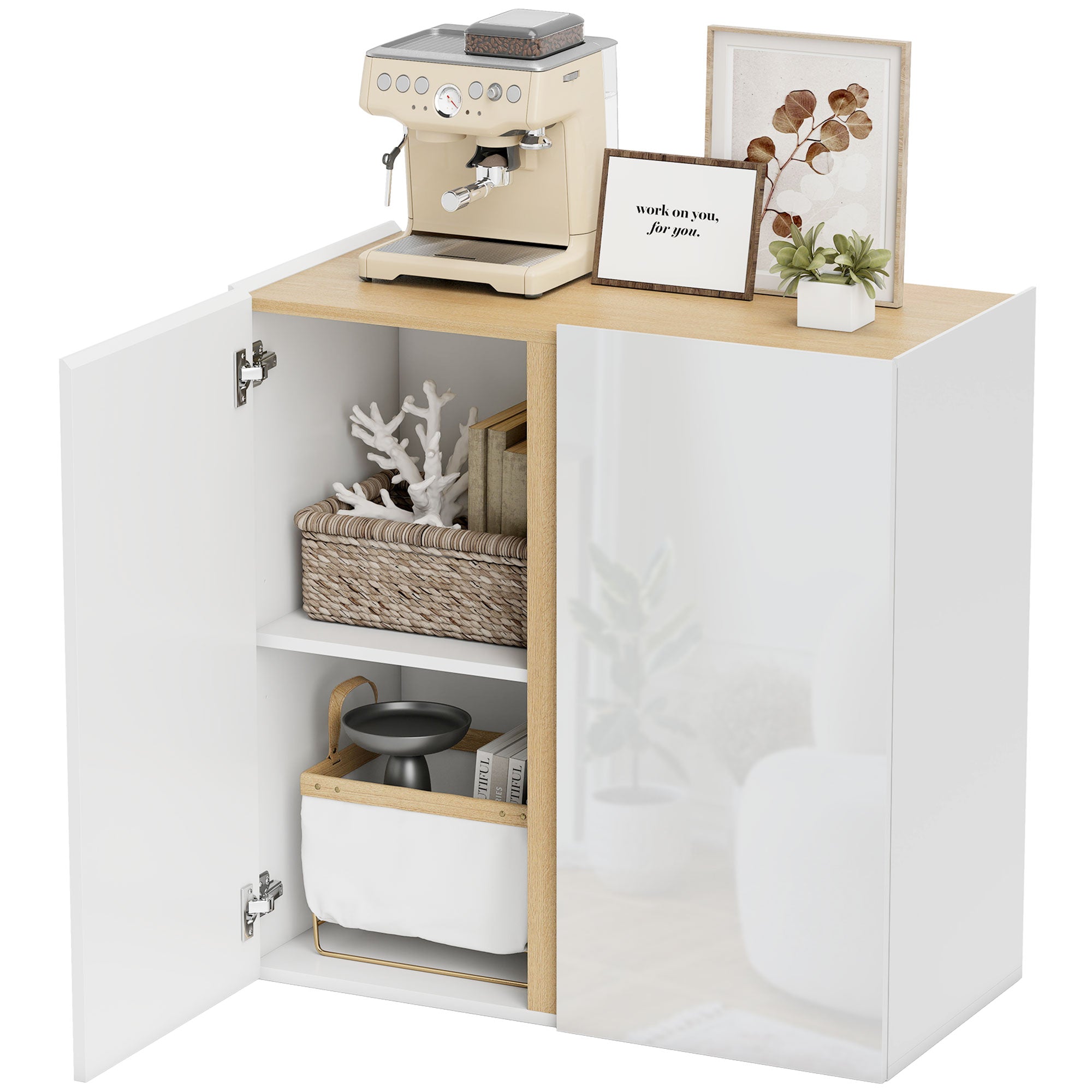 Buffet à haute brillance, meuble de rangement avec 2 portes à fermeture amortie et étagère réglable, style moderne, buffet salle à manger, cuisine et salon, 80 x 40 x 80 cm, blanc