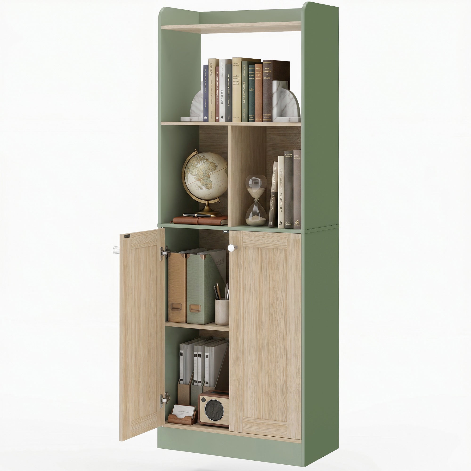 Bibliothèque à 5 niveaux, meuble de rangement, étagère à livres 60 x 30 x 161,2 cm avec 2 portes, étagère de rangement pour salon, chambre, bureau, vert et bois naturel