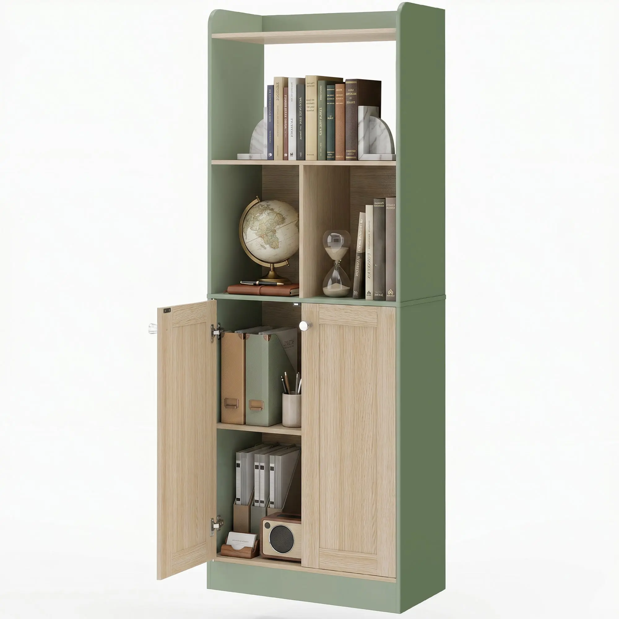 Bibliothèque à 5 niveaux, meuble de rangement, étagère à livres 60 x 30 x 161,2 cm avec 2 portes, étagère de rangement pour salon, chambre, bureau, vert et bois naturel