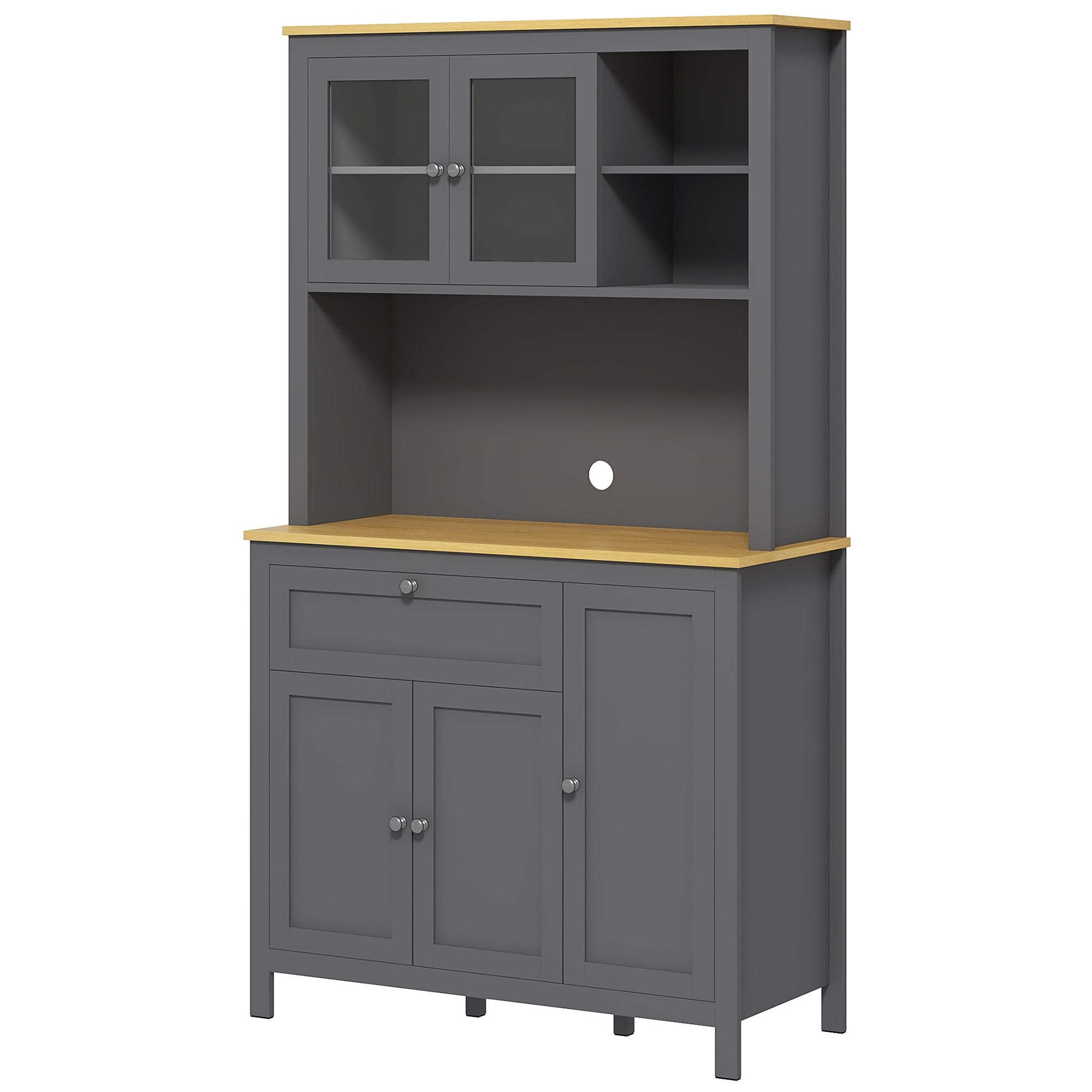 Armoire de cuisine, buffet cuisine avec plan de travail, vaisselier large avec 3 placards, tiroir, niches, passe-cable, étagères réglables et portes vitrées, style moderne, 100x40x180 cm, gris