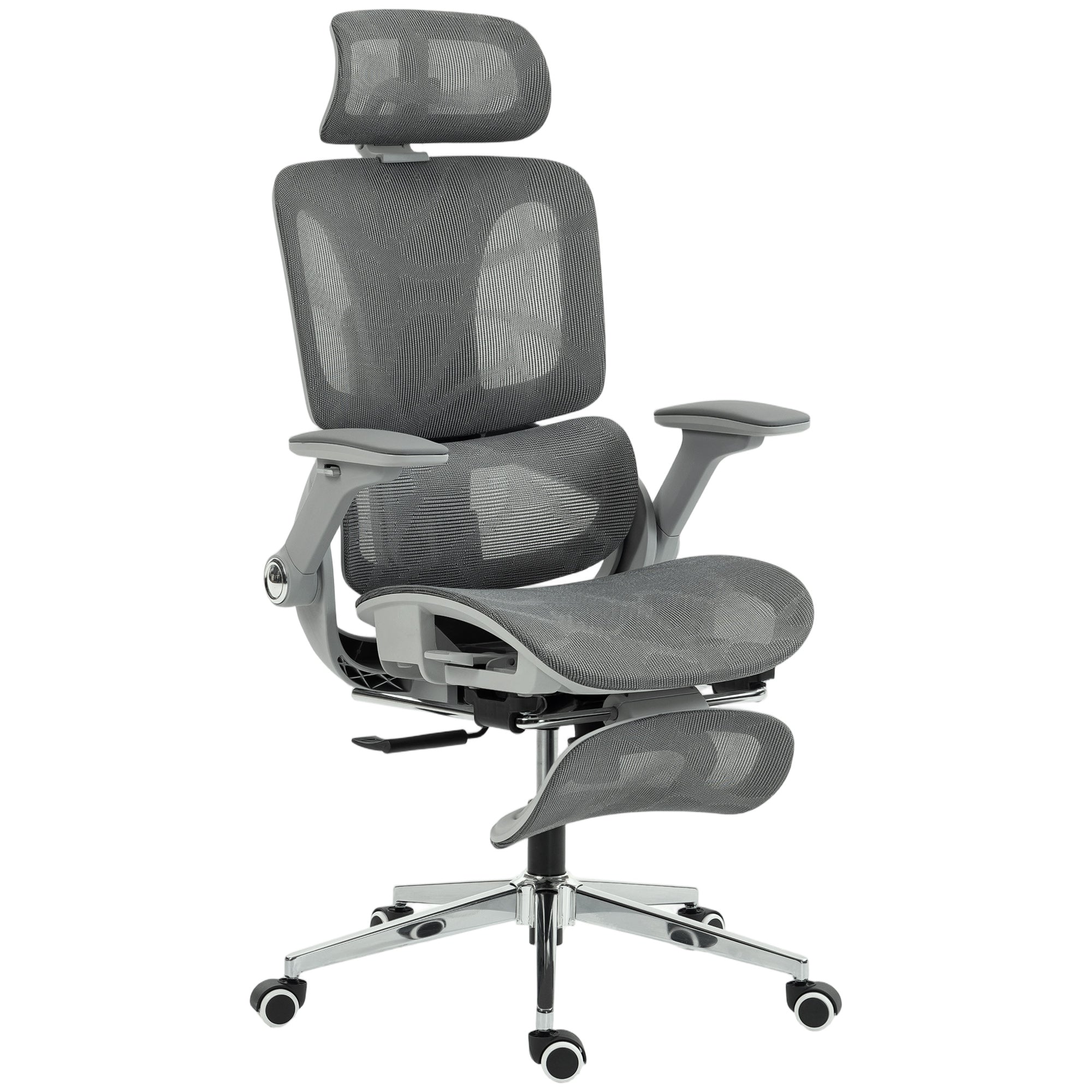 Chaise Bureau Ergonomique avec Accoudoirs 4D Appui-Tête et Profondeur d'Assise Réglables Fauteuil de Bureau en Maille Inclinable Hauteur Réglable Soutien Lombaire Adjustable Repose-Pieds Gris