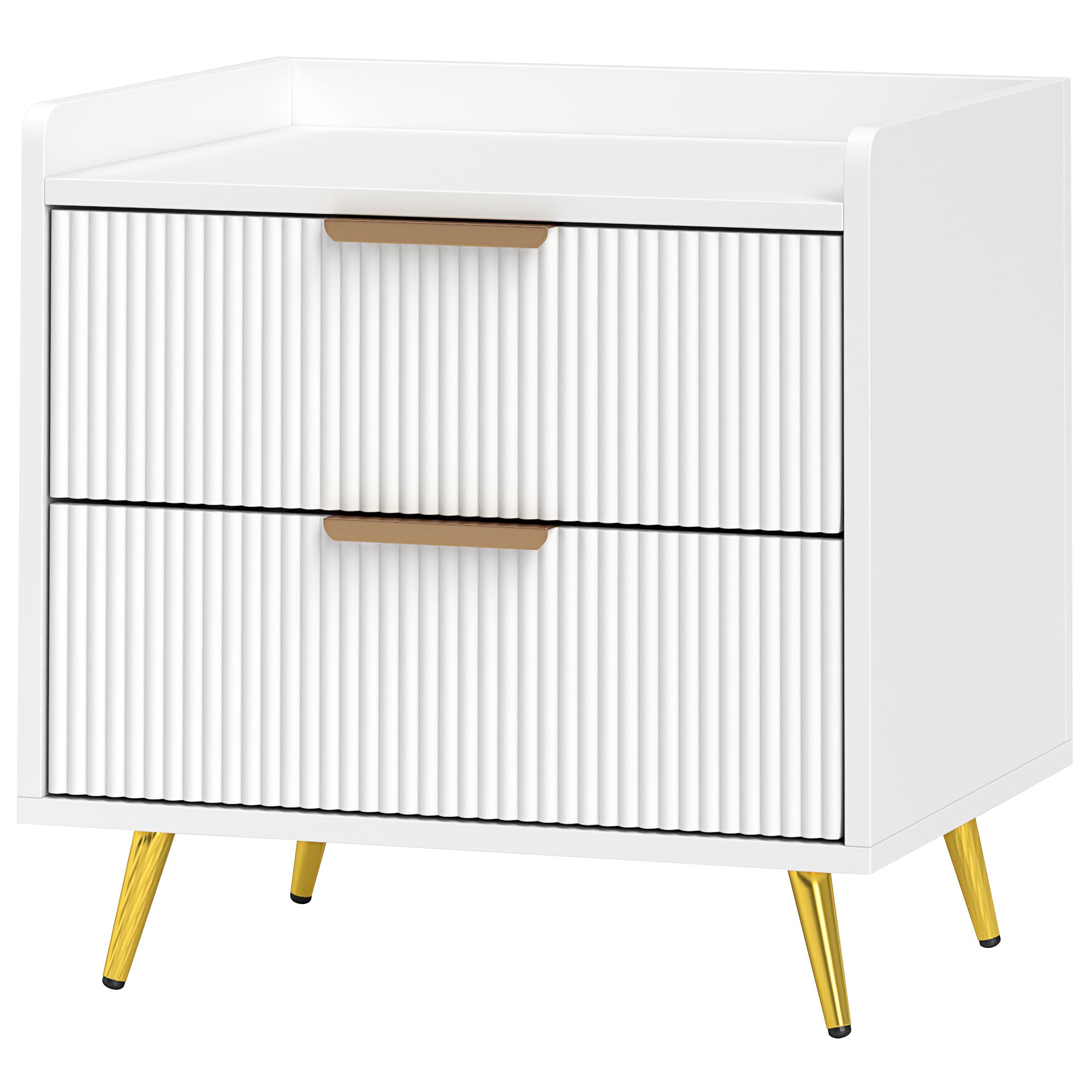 Table de chevet, table de nuit avec 2 tiroirs rainurés, pieds en métal dorés, chevet de lit pour chambre à coucher, salon, 50 x 40 x 50 cm, blanc