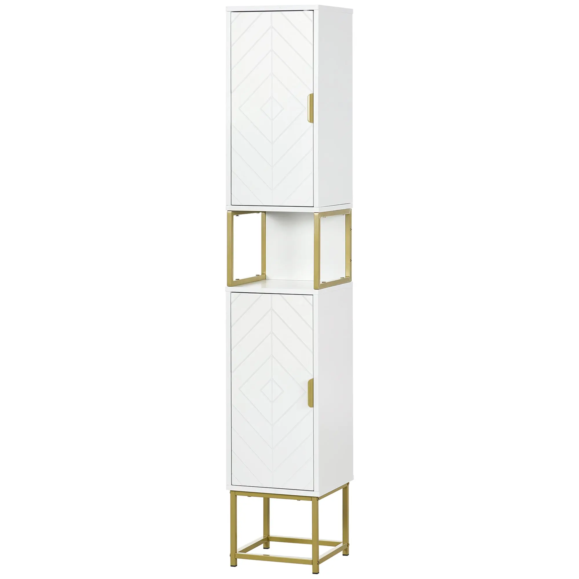 Meuble colonne rangement salle de bain avec niche et 2 placards étagère réglable pieds en acier doré dim. 30L x 30l x 170,7H cm blanc