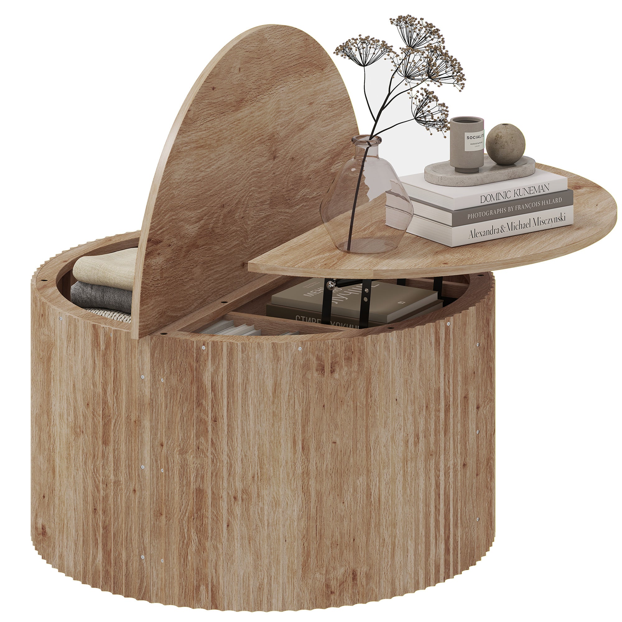 Table basse relevable, table de salon avec compartiment caché et plateau à fermeture douce, style moderne, pour salon, bureau, 80 x 80 x 42 cm, bois naturel