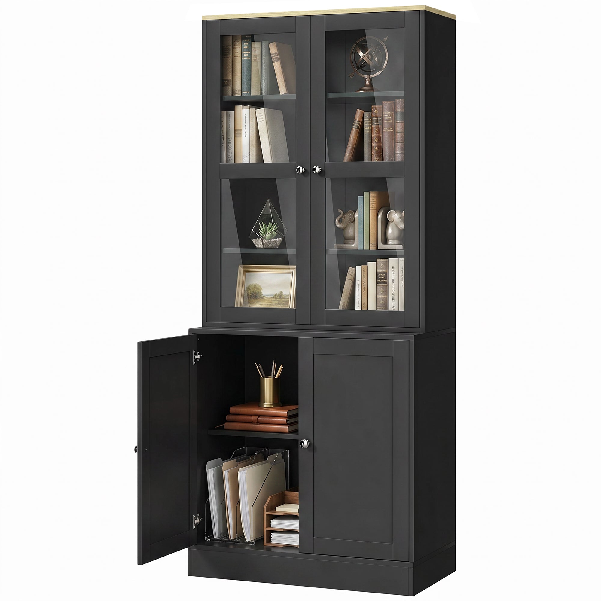 Bibliothèque vitrine, meuble de rangement à 6 niveaux avec 4 portes dont 2 en verre trempé, étagères réglables, style moderne, pour salon, bureau, chambre, 76 x 40 x 179 cm, noir