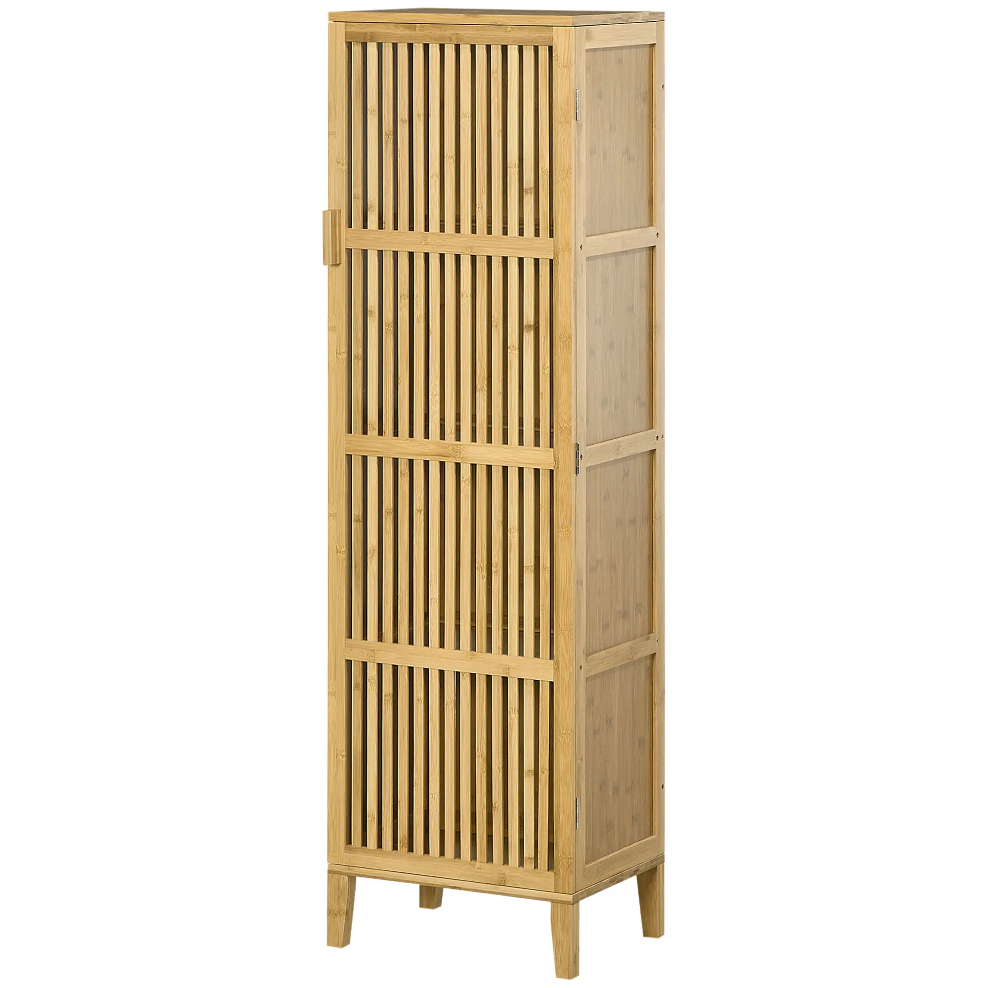 Meuble de rangement en bambou armoire de rangement avec 4 niveaux et porte design à lamelles pour salle de bain chambre salon 40 x 30 x 140 cm