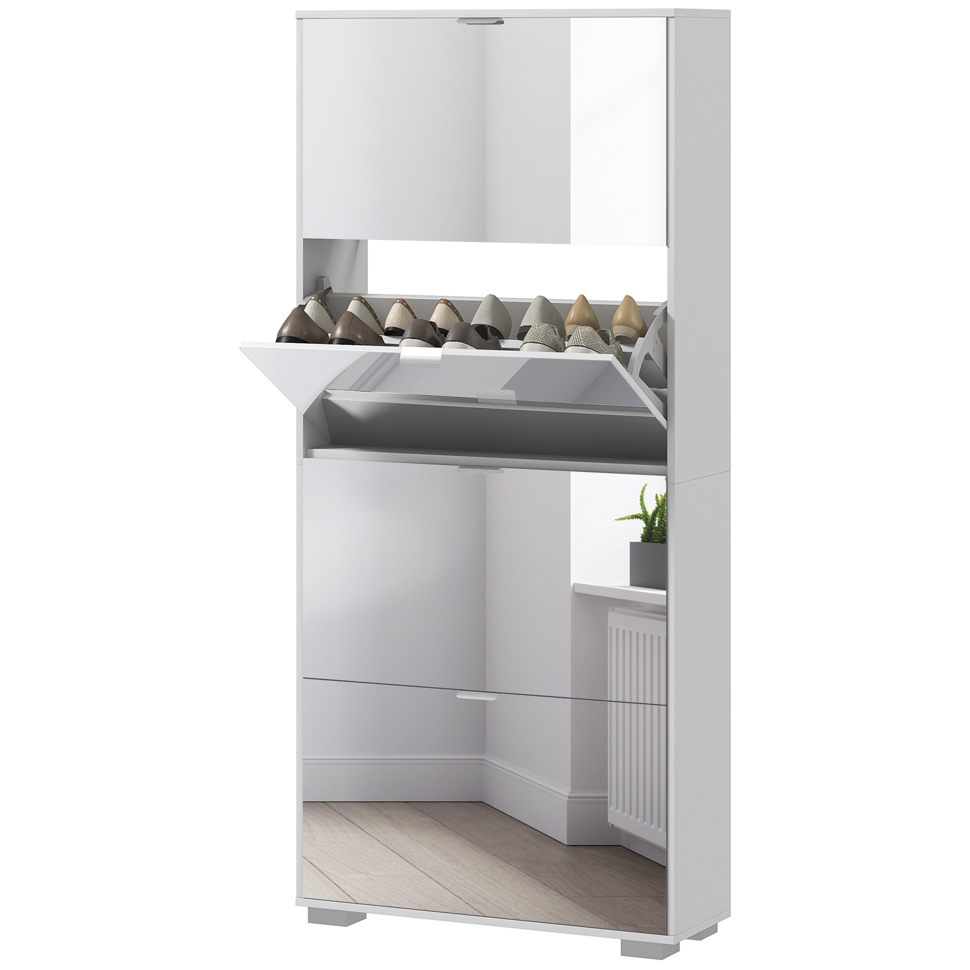 Meuble à chaussures 2 en 1 armoire à chaussures étroite fa?ades miroir, 4 portes abattants, étagères réglables, gain de place, 76l x 26P x 168H cm blanc