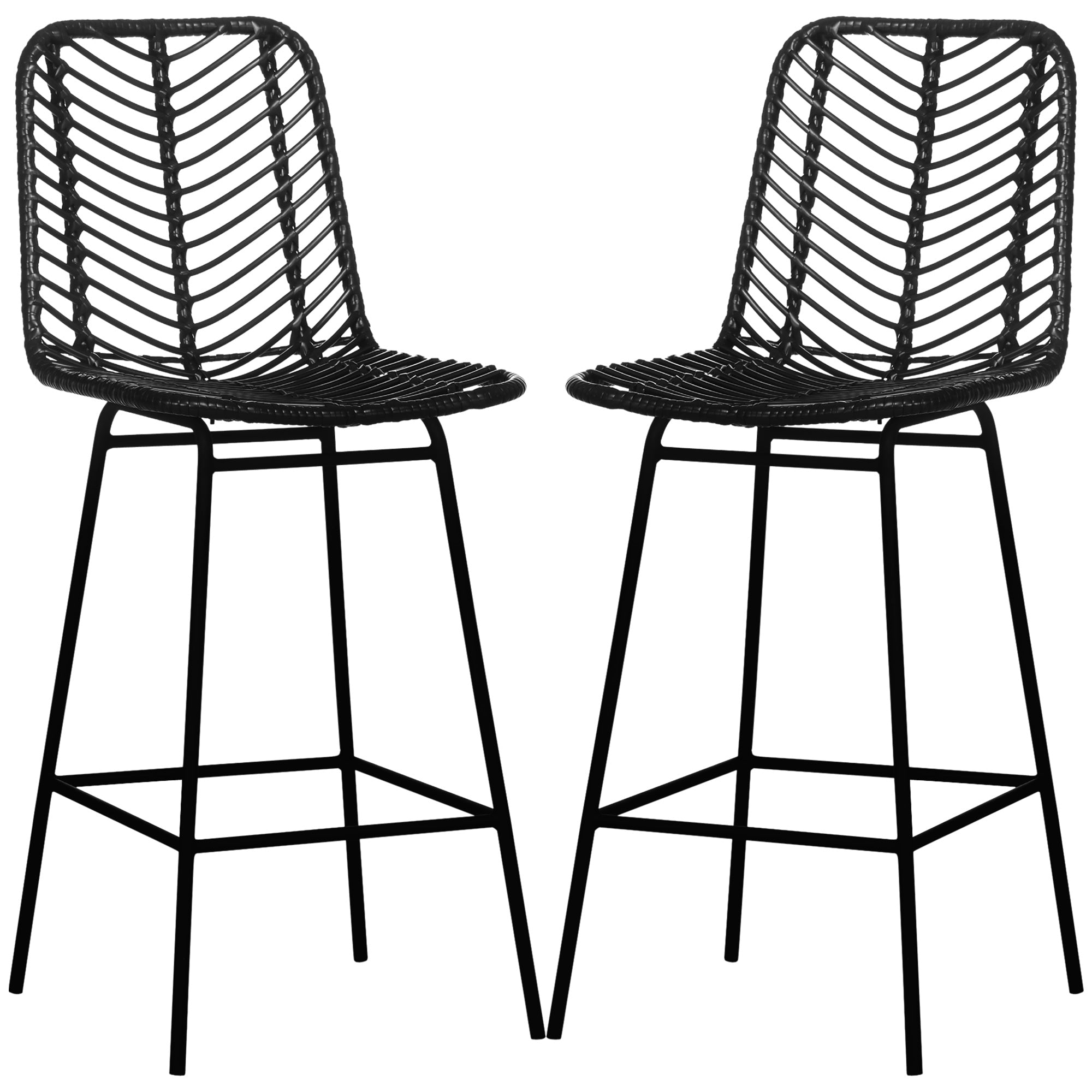 Lot de 2 tabourets de bar chaise de bar design bohème Hauteur 66 cm avec repose-pieds métal et dossier cannage - noir
