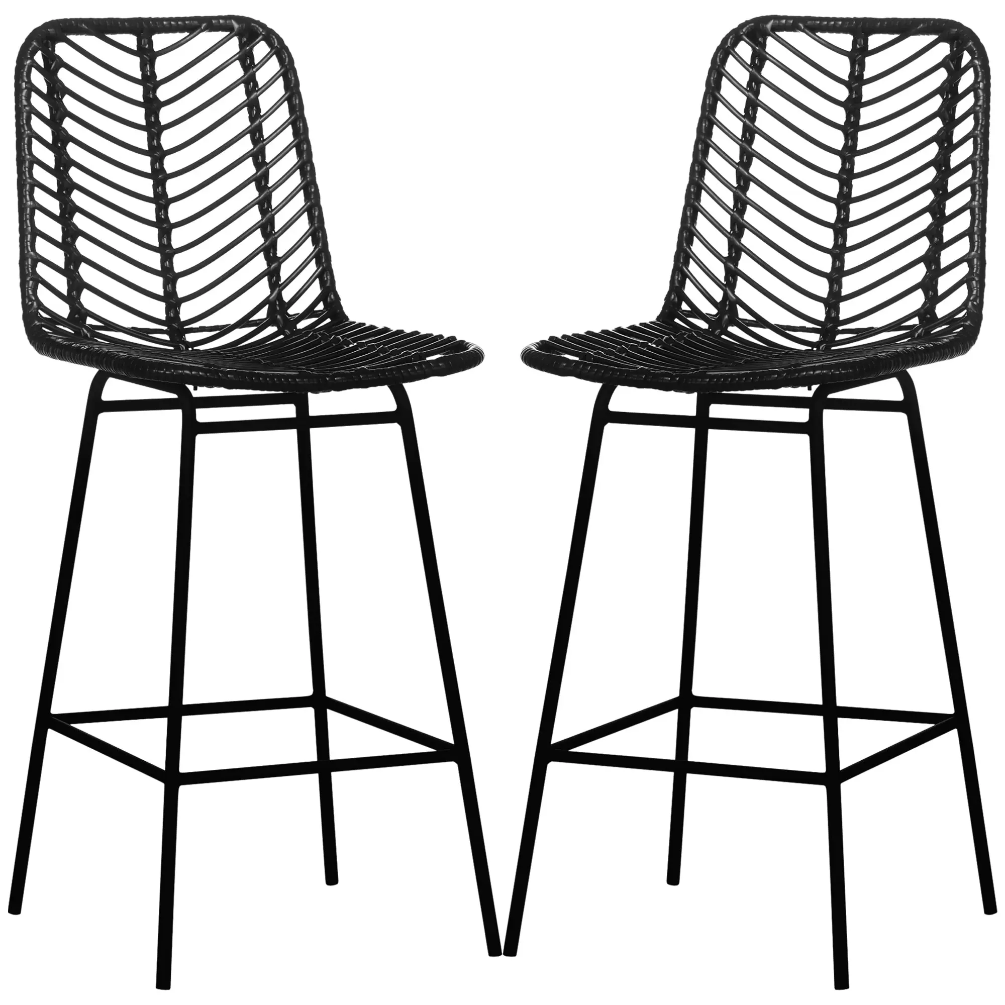 Lot de 2 tabourets de bar chaise de bar design bohème Hauteur 66 cm avec repose-pieds métal et dossier cannage - noir