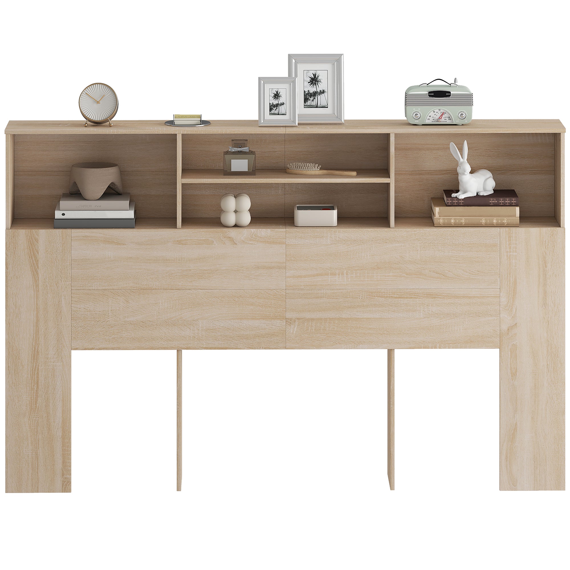 Tête de lit sur pied 160 cm avec rangements, accessoire de lit moderne avec 4 compartiments ouverts pour chambre, 160 x 20,2 x 108,2 cm, bois naturel