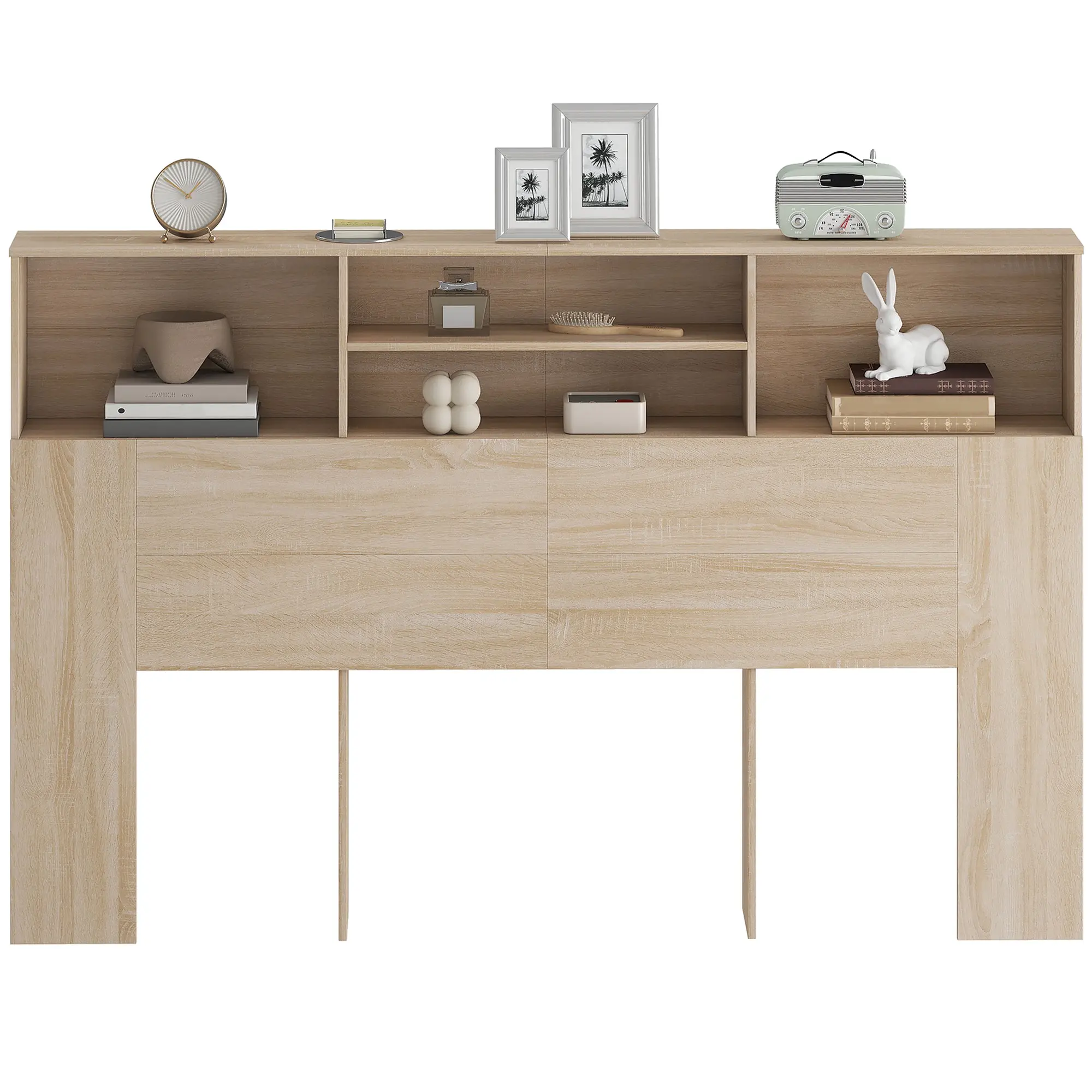 Tête de lit sur pied 160 cm avec rangements, accessoire de lit moderne avec 4 compartiments ouverts pour chambre, 160 x 20,2 x 108,2 cm, bois naturel