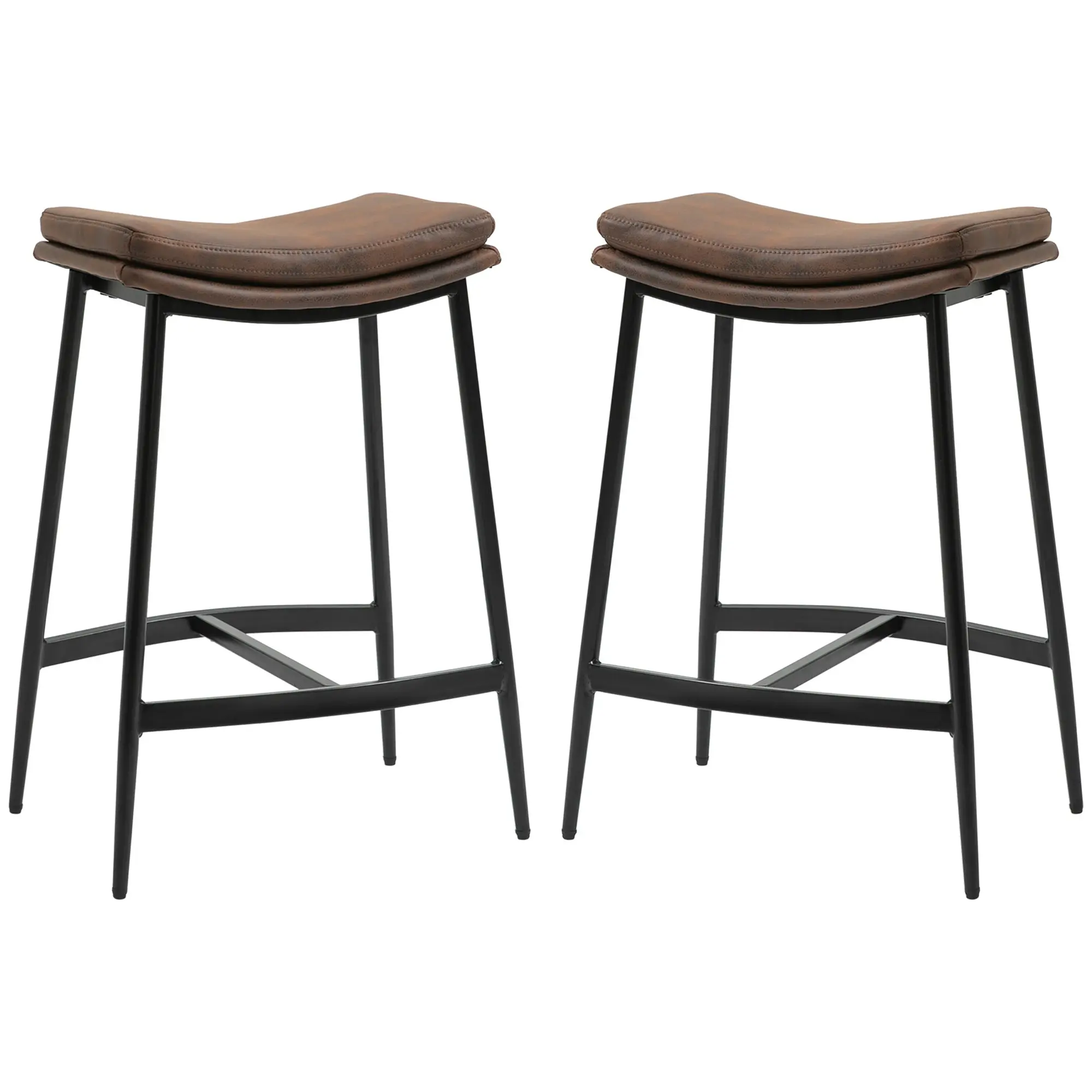 Lot de 2 tabourets de bar chaises hautes avec repose-pieds acier - style industriel - assise incurvée - 48,5 x 38,5 x 68,5 cm marron noir